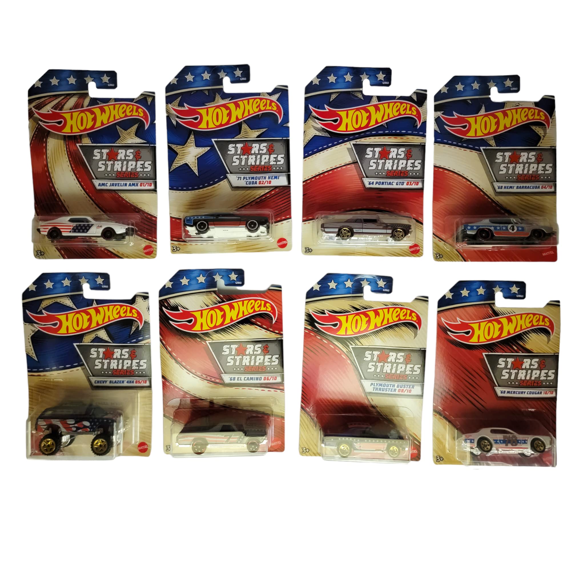 Hot Wheels American Stars & Stripes Bundle – 8 Patriotic Die‑Cast Cars, Red‑White‑Blue Decor, 1:64 Scale, Ages 3+ (Pack of 8)