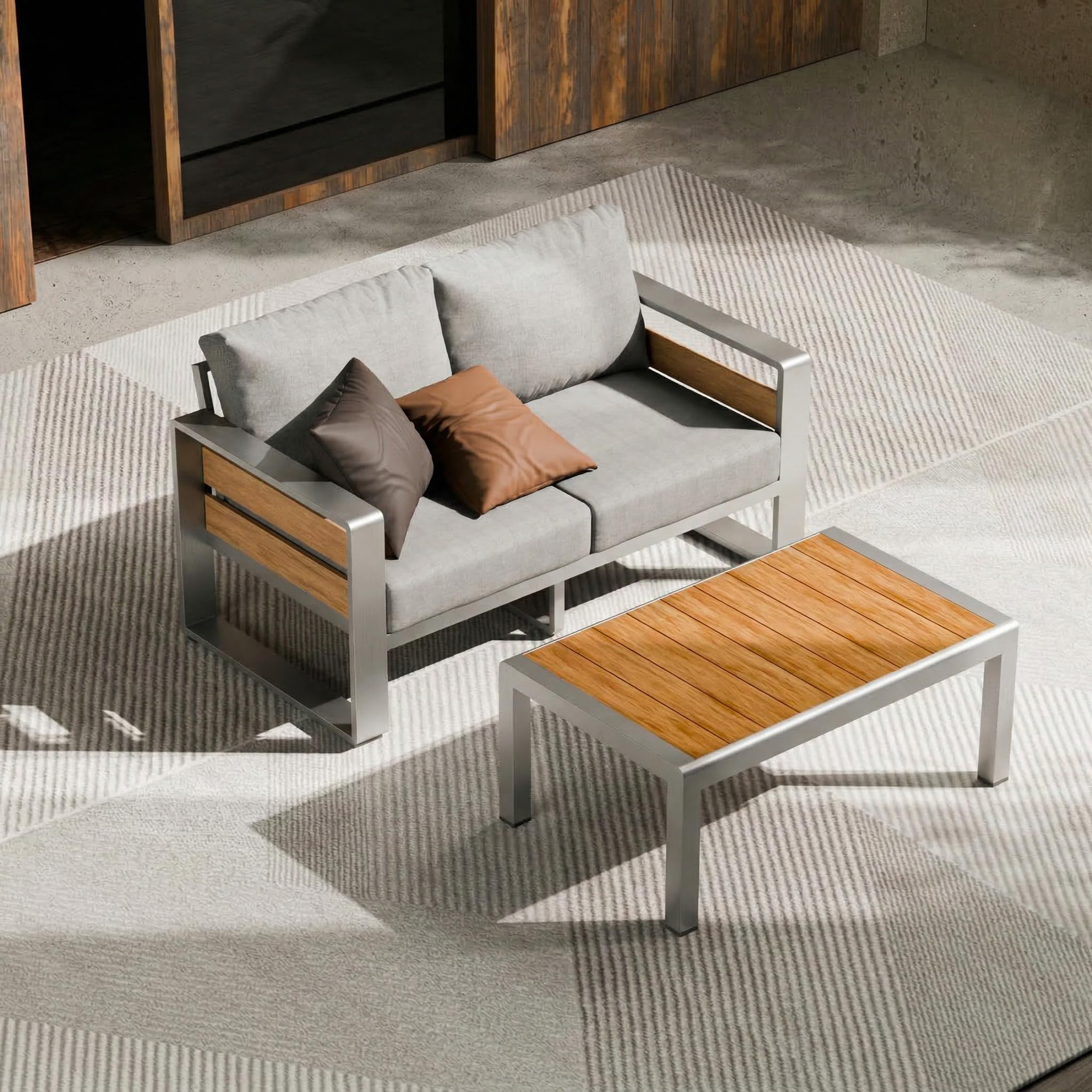 ZANDOR Aluminum Outdoor Patio Furniture-Loveseat with Table,Sliver