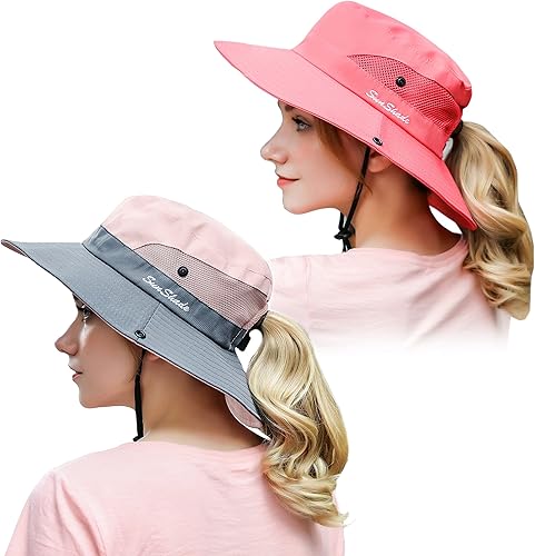 Muryobao - Paquete de 2 sombreros de verano para mujer, para cola de caballo, de verano, con protección de rayos ultravioleta, ala ancha plegable,