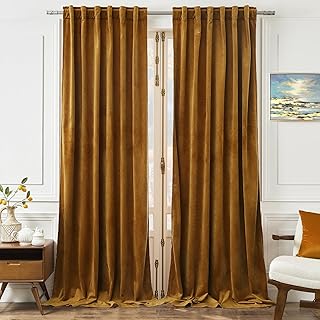 Velvet Curtains 84 inches - Retro Heavy Gold Blackout Velvet Curtains Drapes with Rod Pocket Back Tab Design Light Blocking Home Decoration for Living Room, Gold Brown, 52Wx 84L, 2 Panels