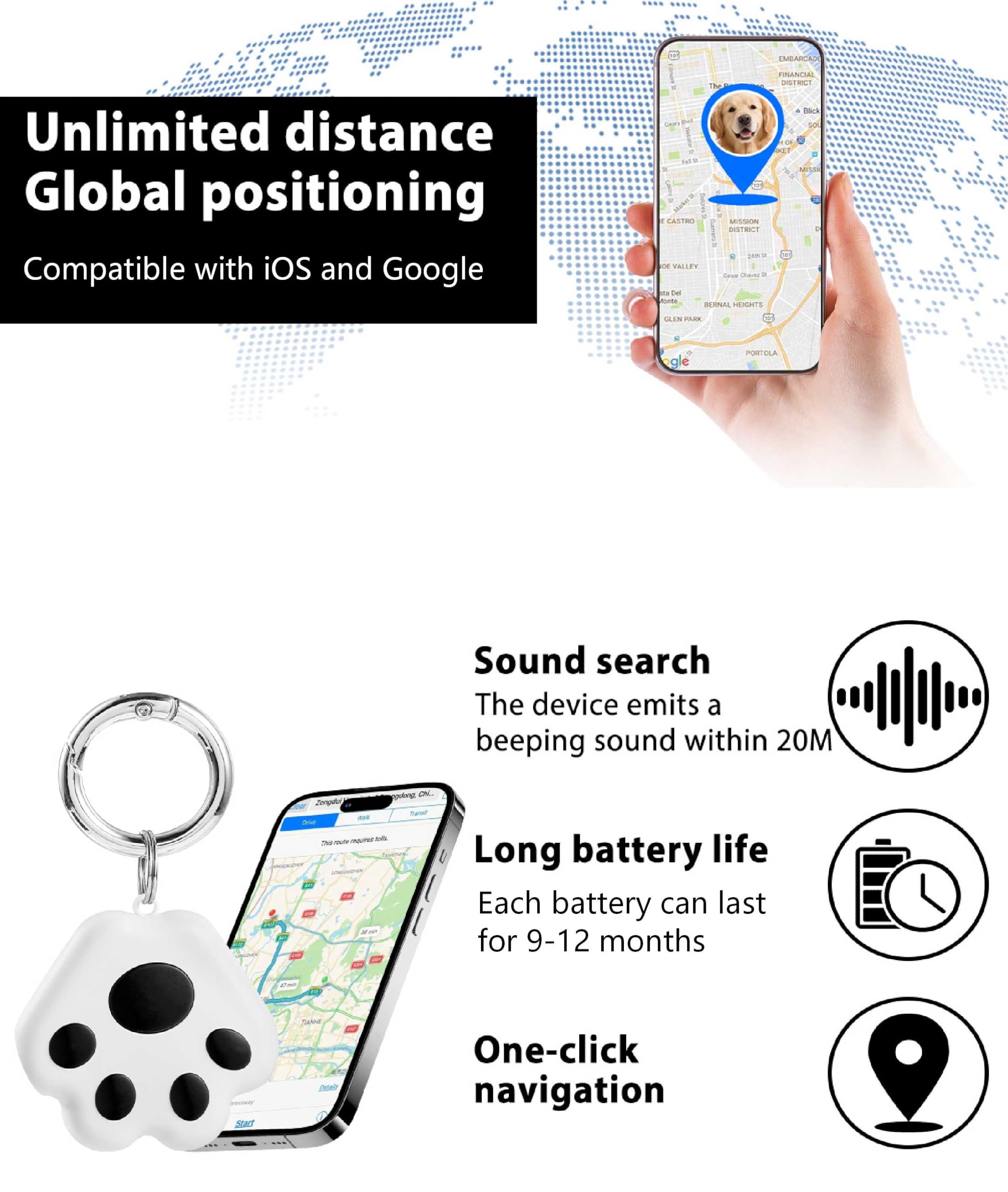 【Haustier GPS Tracker für Hund und Katze】Hunde und Katzen Kleine Tracking Tag für Google und iOS ohne Abonnement Keine Gebühr - Smart Pets Tracker Wasserdicht Staubdicht Extra Lange