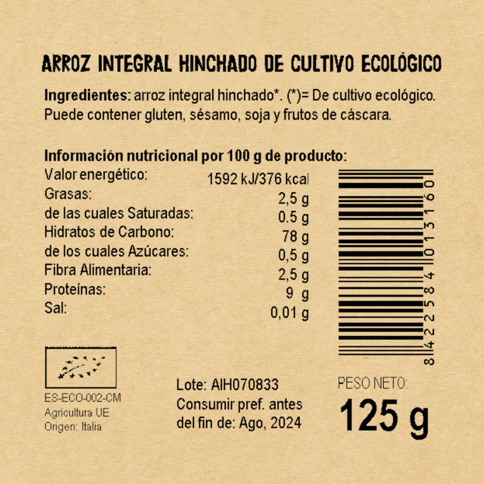 Ecocesta - Pack de 12 Unidades de 125 g de Arroz Integral Ecológico Inflado - Sin Azúcar Añadido - Ayuda a Mejorar el Tránsito Intestinal - Apto para Veganos