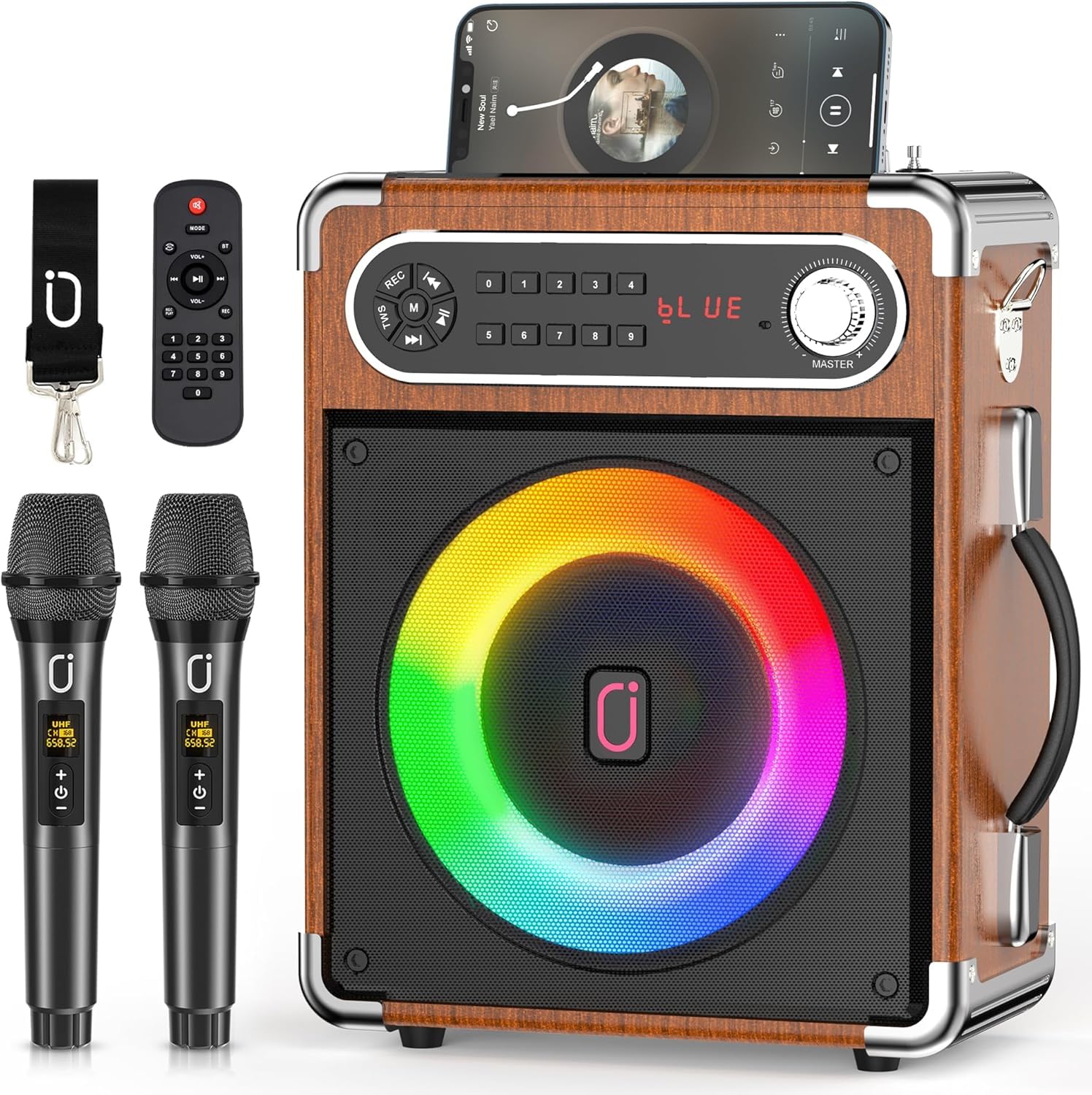 JYX Karaoke Machine with Two Wireless Microphones, Portable Bluetooth Speaker with Bass/Treble Adjustment, PA System with Remote Control, LED Lights,Supports TF Card/USB, AUX IN, FM, REC,TWS for Party