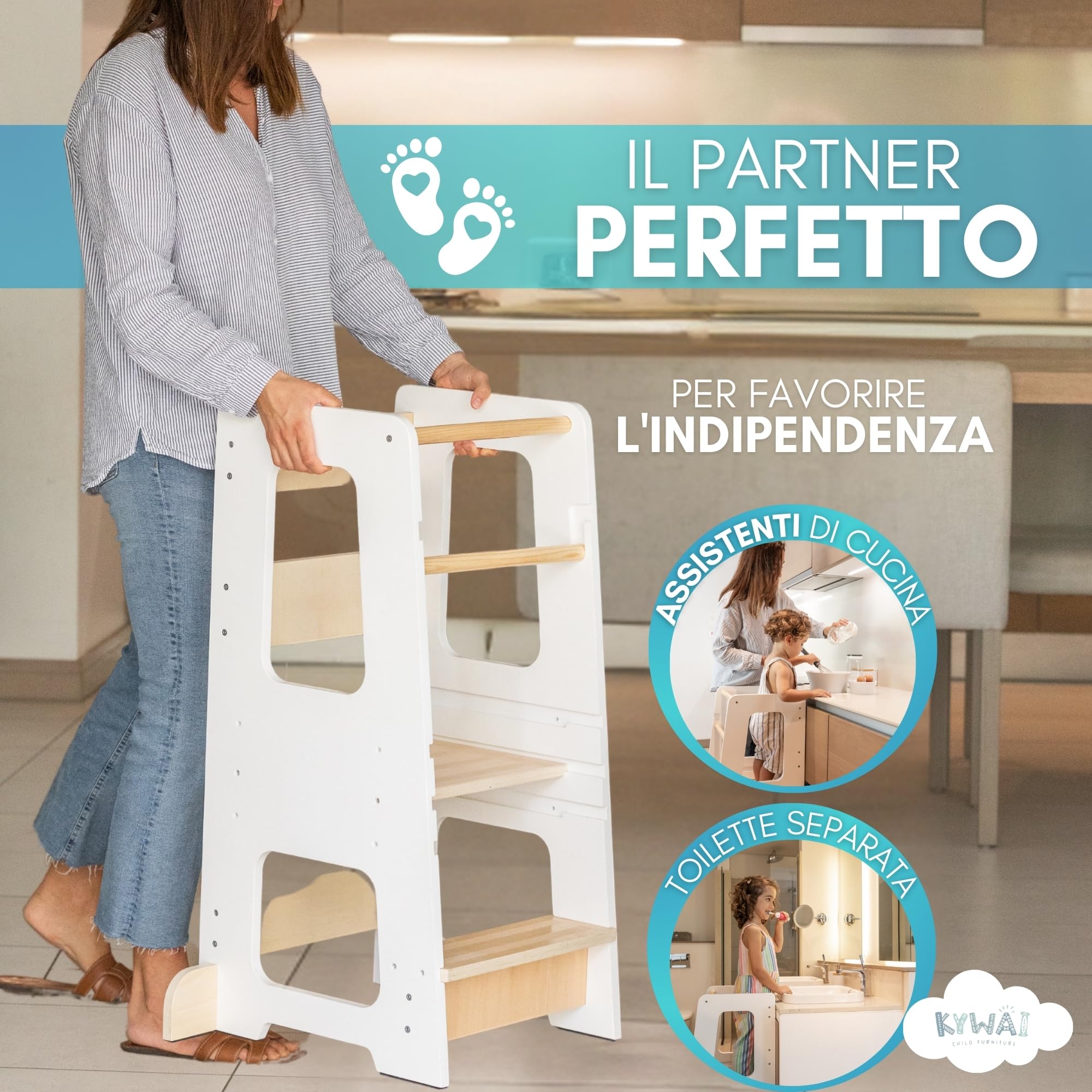KYWAI ® Torre Montessoriana bambini in Legno - Torretta Montessoriana - Torre Montessori - Scaletta Bambini - Learning Tower - Scaletta Montessori per bambini (Bianco)
