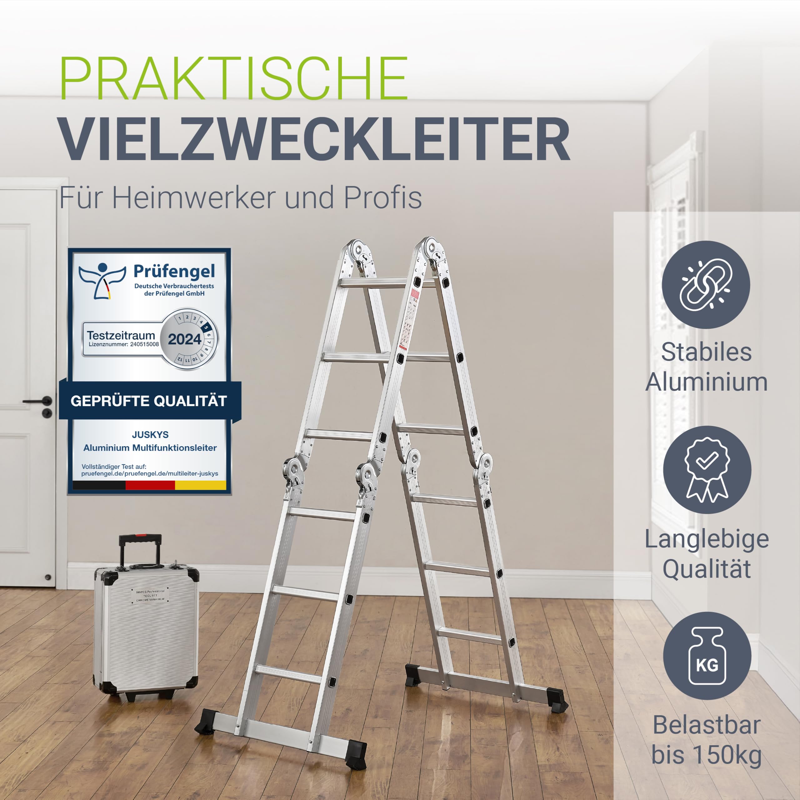 Juskys Leiter Aluminium 3x4 Stufen Klappleiter 4-teilig bis 150 kg Multifunktionsleiter 3,6 m