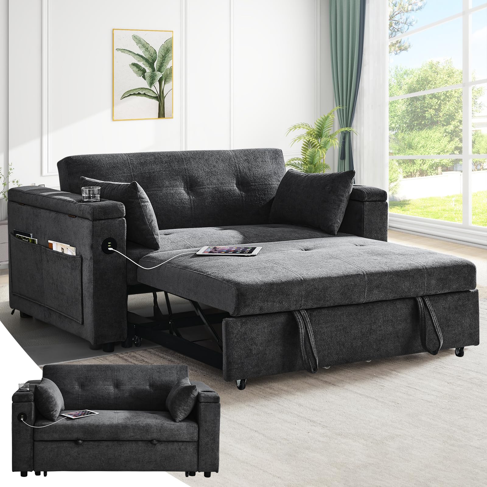 (incomplete box 2/2) 3 in 1 Convertible Sofa Bed, Pull Out Couch with 3 Levels Adjust Backrest, Sleeper Loveseat Recliner with Storage and Cup Holders, Comfy Chaise Lounge for Living Room, Gray, Full Size