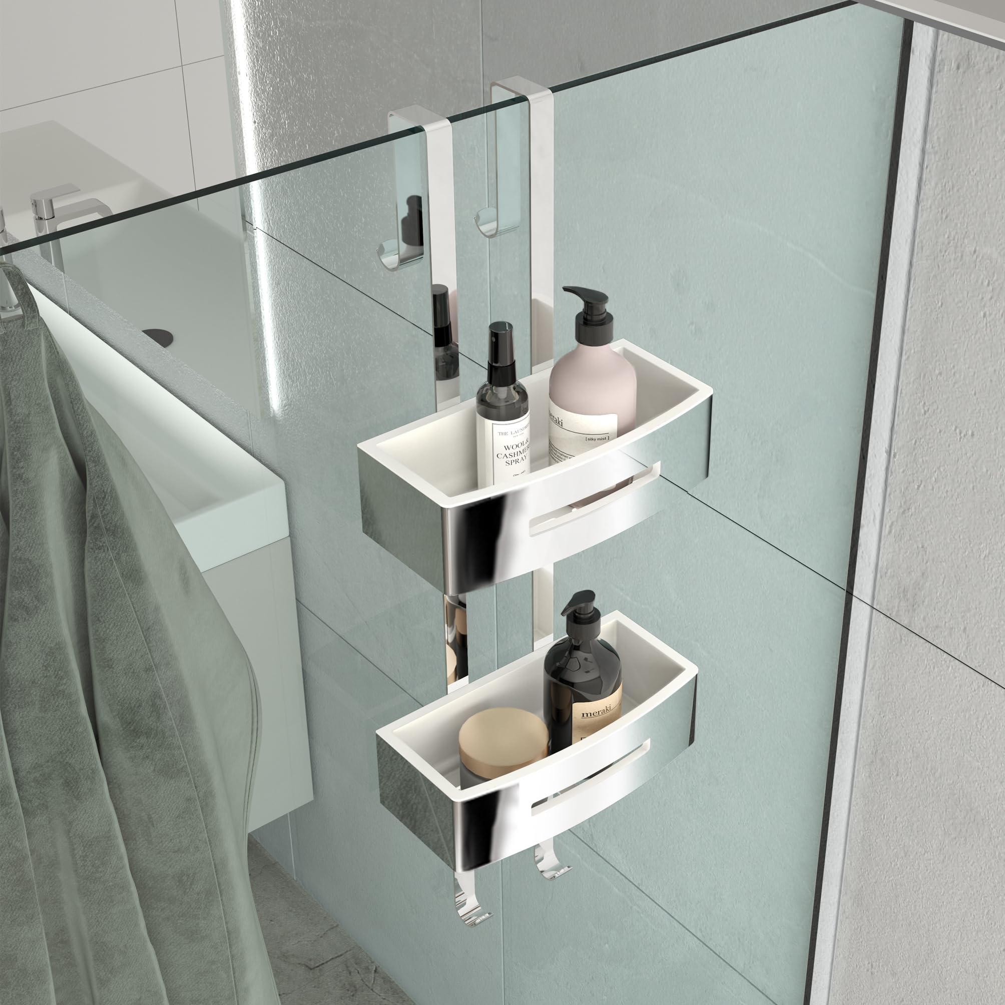 Gedy POSEIDON Cesta ducha para colgar, estante ducha, doble, Acero inox AISI 304 Cromo, cestas extraibles blancas, 24 x 18,7 x 70 cm