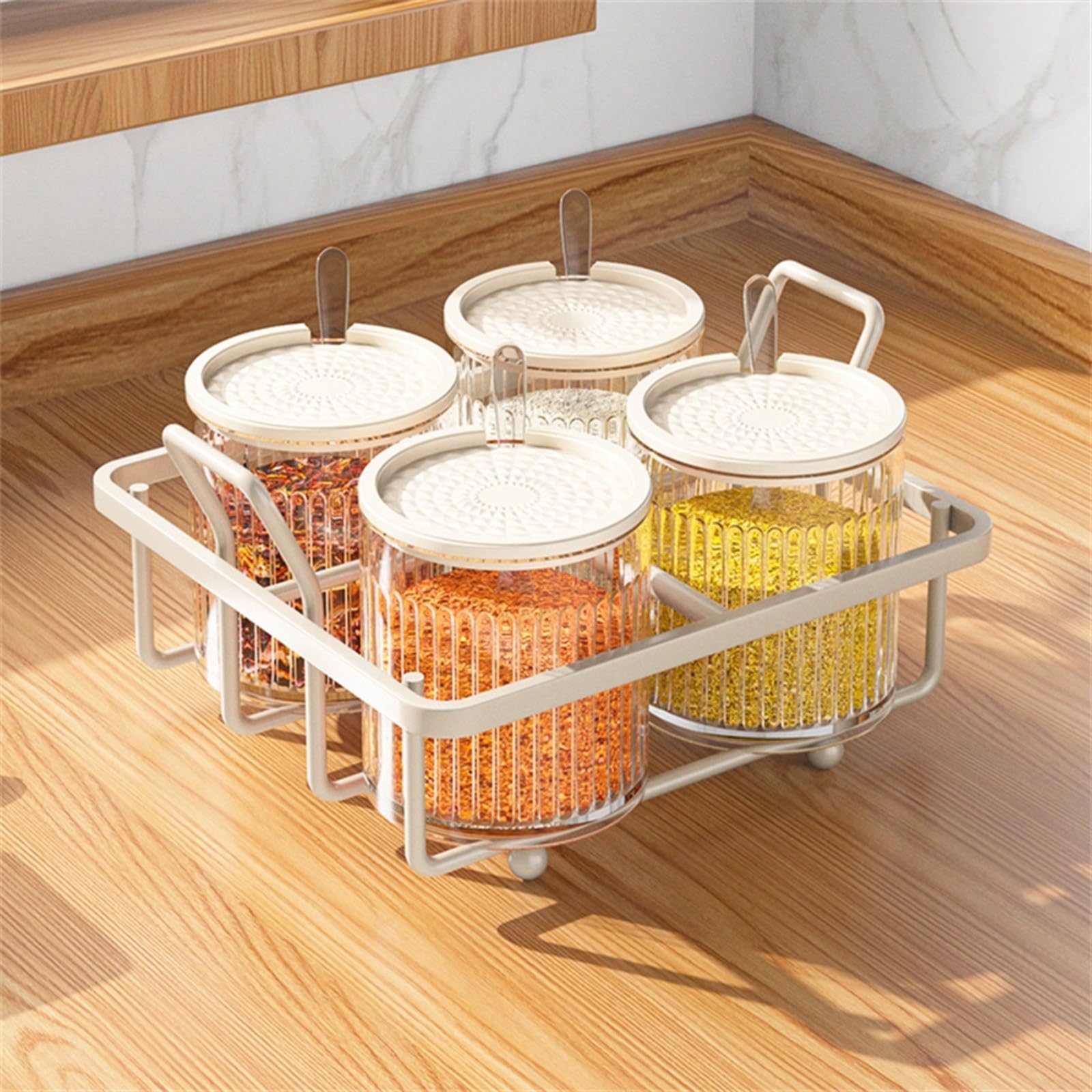 Recipiente de especias para encimera de cocina con tapas y cucharas, tarro de metal y plástico transparente para almacenar sal, pimienta y varios condimentos (6 botellas)