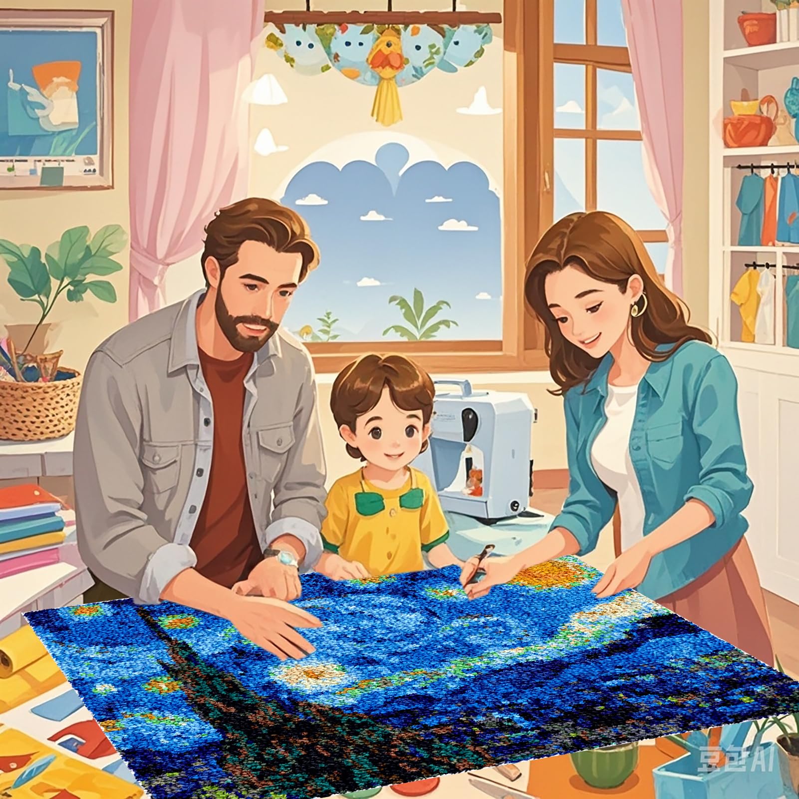 Knüpfteppich Set für Kinder Erwachsene Zum Selber Teppich Rasthaken Knüpfen Set mit Vordruck Knüpfen DIY Stickkissen Teppich Unfinished Häkelteppich Set mit Vordruck 55 x 75 cm