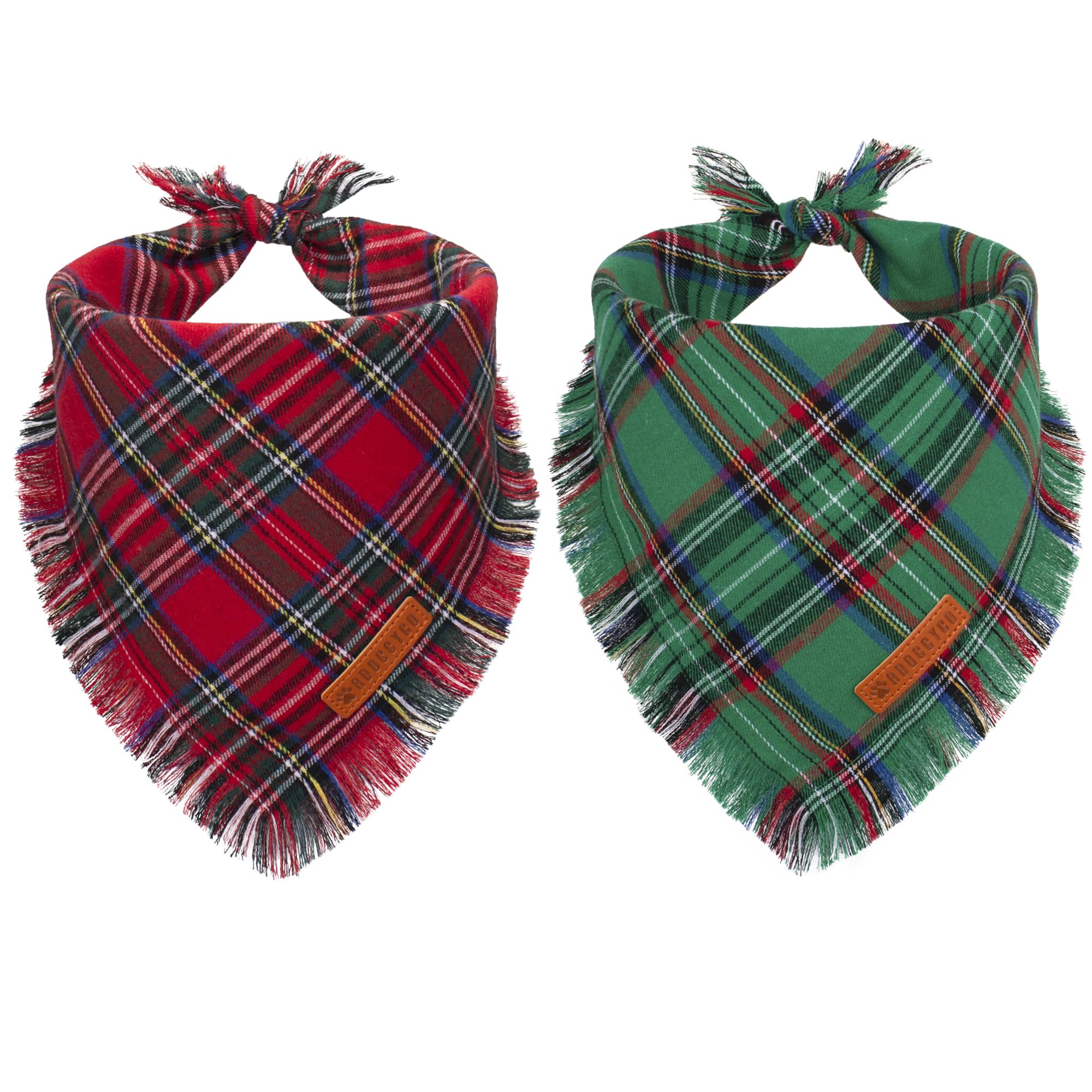 ADOGGYGO Christmas Dog Bandanas with Tassels, Stylish Plaid Dog Scarf Bib, Premium Cotton Fabric, Red Green Christmas Bandanas for Medium Large Dogs
