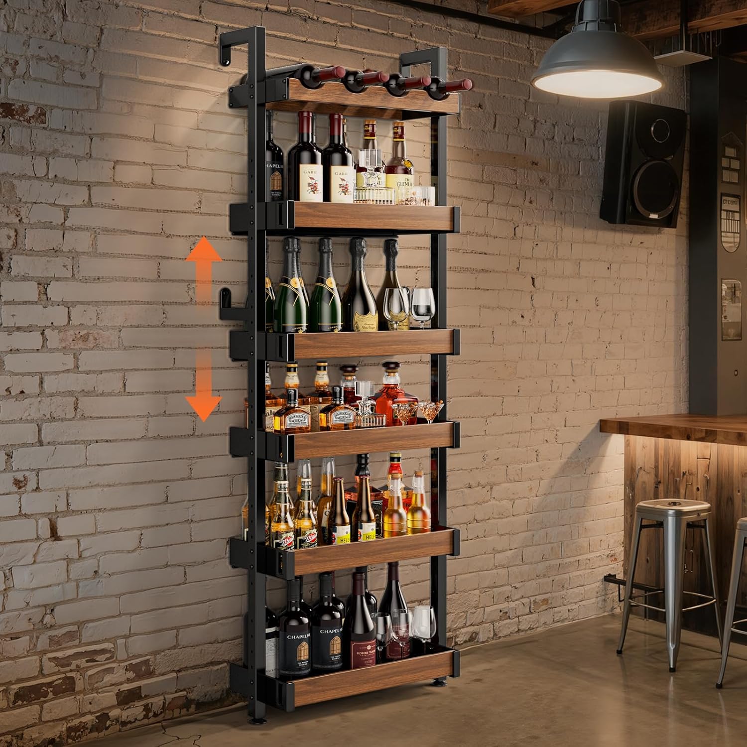 wine rack wall mounted,6 tier freestanding floor liquor bottle display shelf,heavy duty metal corner whiskey holder adjustable height,wall bar cabinet storage for home bar dining room kitchen
