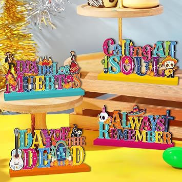 4Pcs Dia De Los Muertos Decorations Wooden Table Centerpieces Day of The Dead Decorations Mexican Table Decor Dia De Los Muertos Table Topper Sign for Halloween Mexican Carnival Party Decor
