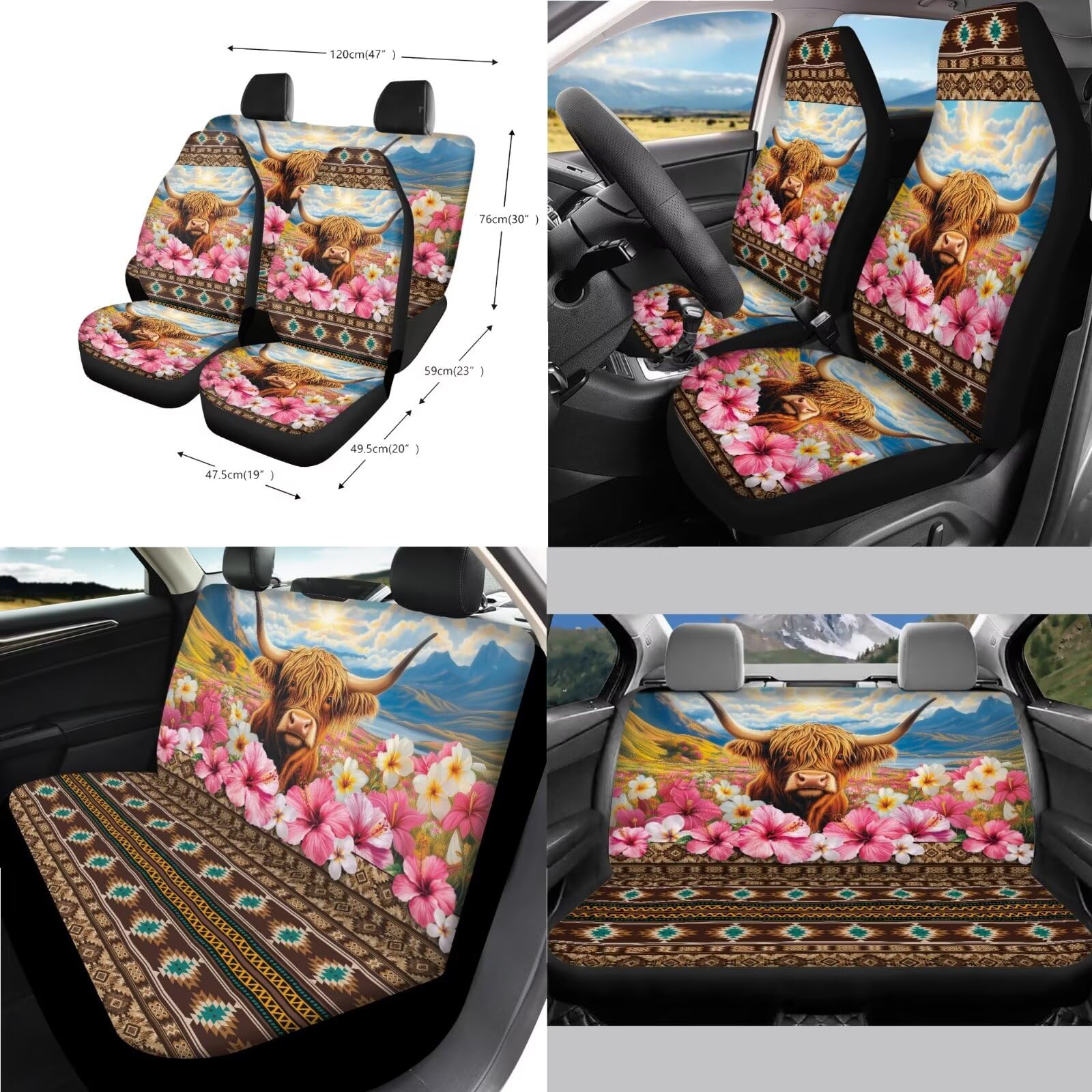 Set completo di coprisedili per auto con stampa di ibisco azteco, anteriore e posteriore, coprivolante, console centrale, imbottiture per cinture di sicurezza, sottobicchieri e coppe