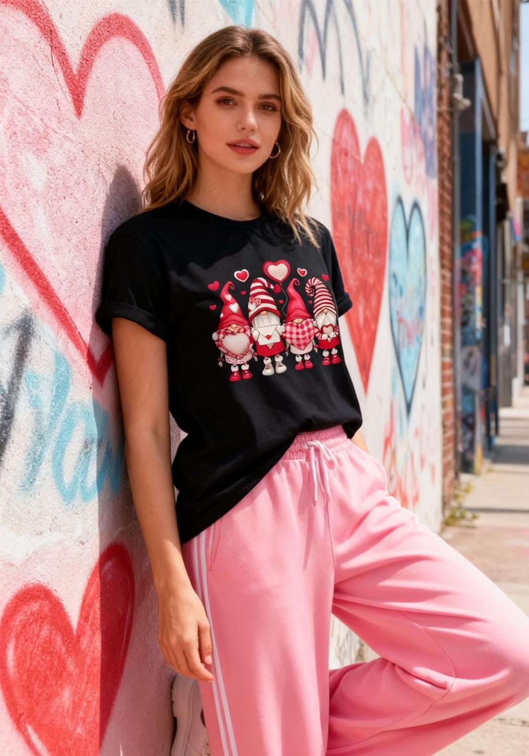 Valentine's Shirt for Womens Cute Gnomes Love Heart Printed Tees Short Sleeve Graphic Tops - Image 3