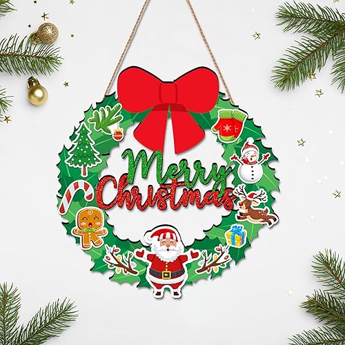 Merry Christmas Wreath Hanging Sign For Front Door, Wooden Welcome