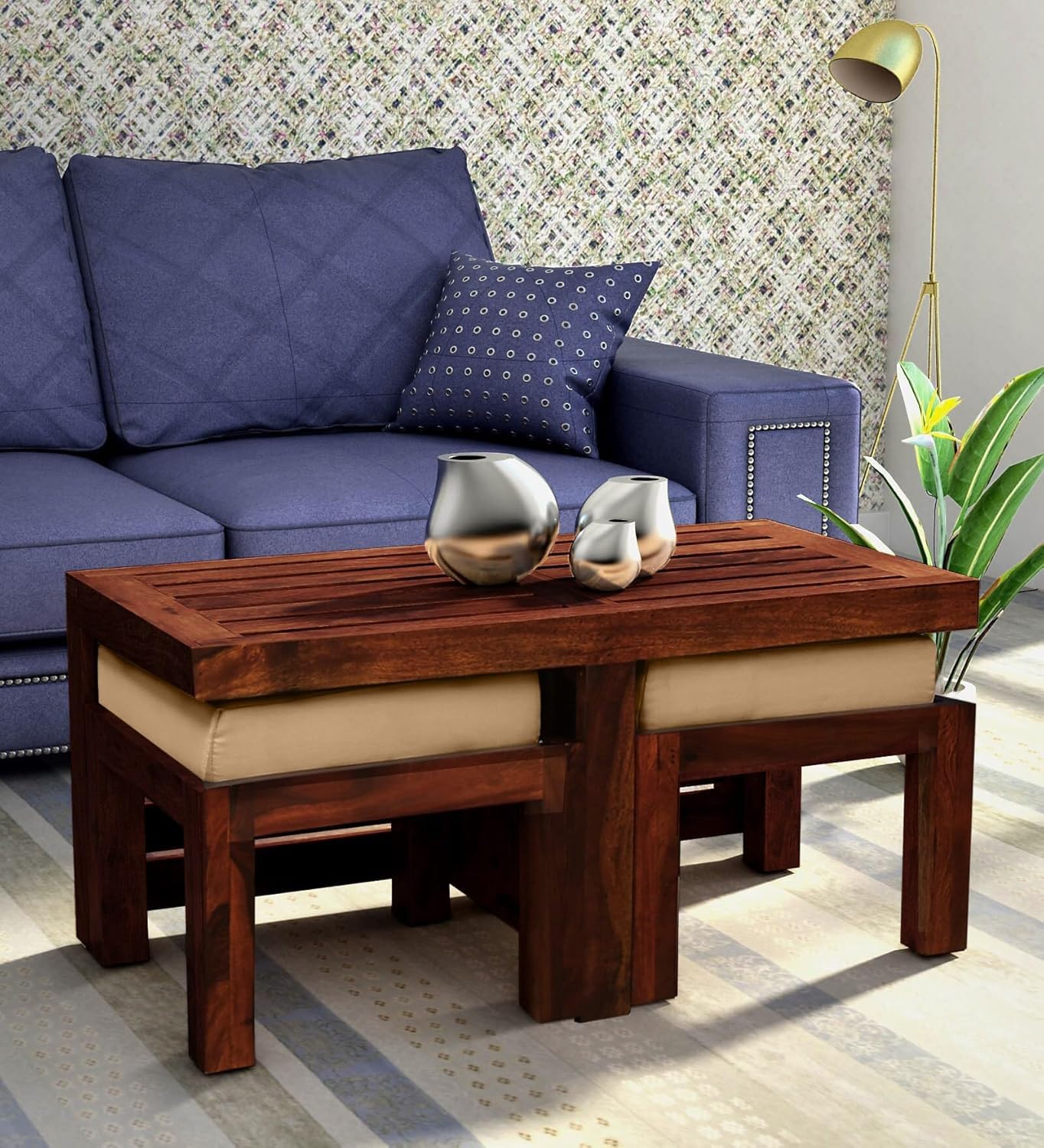TreeWalley 2 Stool Coffee Table | Rectangle Sofa Centre Table | Center Table with 2 Stools | Patio Teapoy Table with Two Puffy | Mahogany Finish