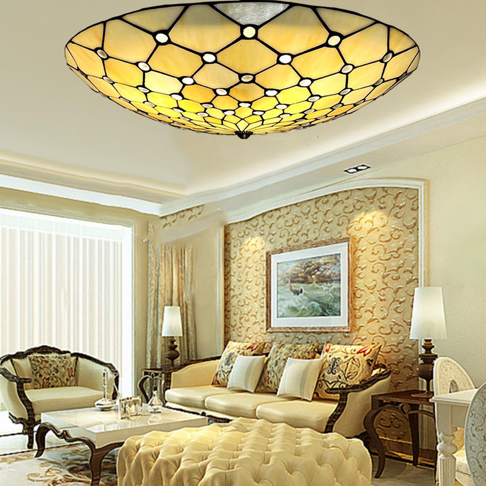 Aioneer Tiffany Ceiling Lights,Stained Glass Ceiling Light,Tiffany Flush Mount Ceiling Light For Bedroom Dining Living Room Entryway Foyer Hallway Kitchen,Mediterranean Ceiling L-Beige-16in