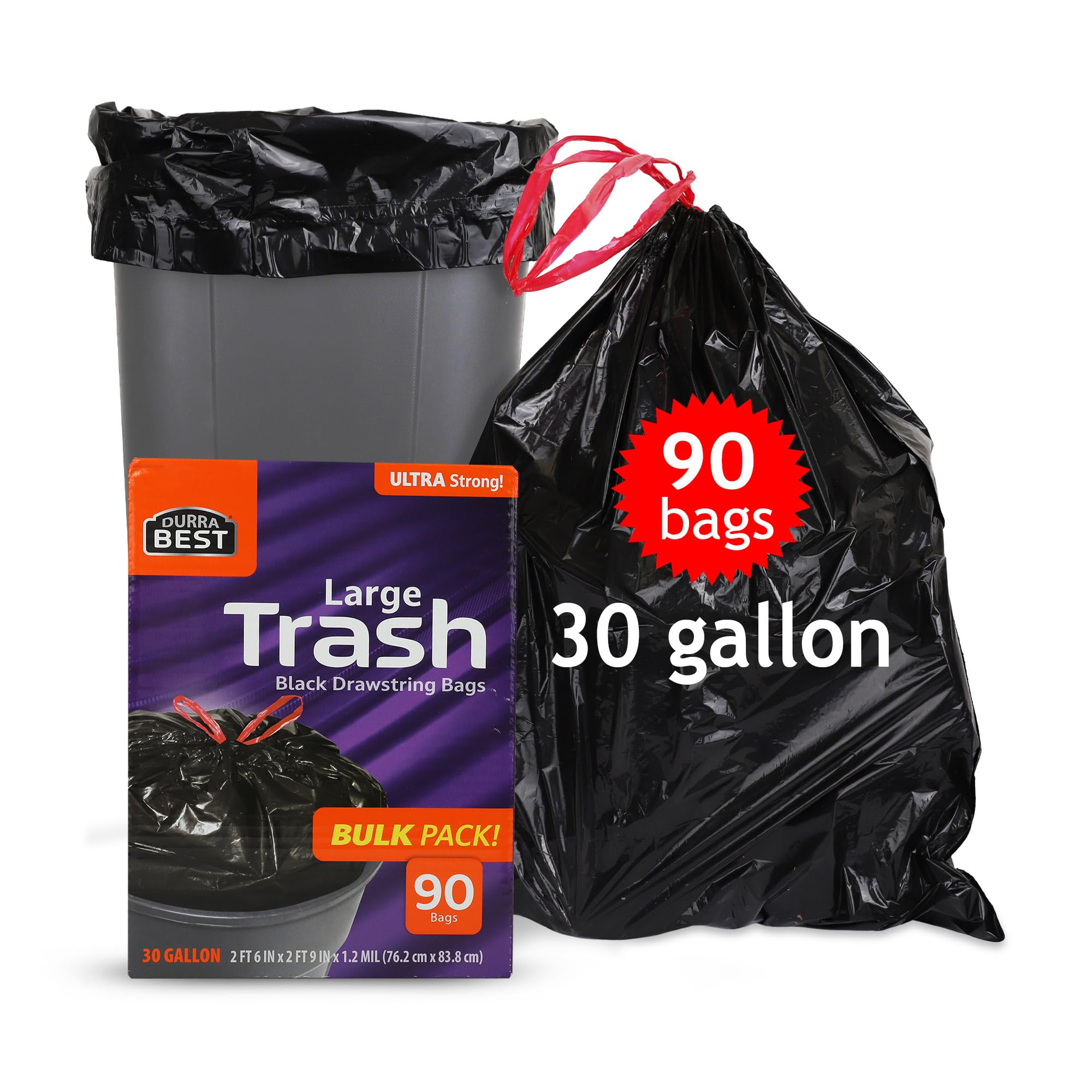 Heavy-Duty Trash Bags – 30 Gallon | 90 Bags - Black Ultra Thick Drawstring Garbage Bags – Leak-Resistant for Home & Commercial Use - Big Trash Bags
