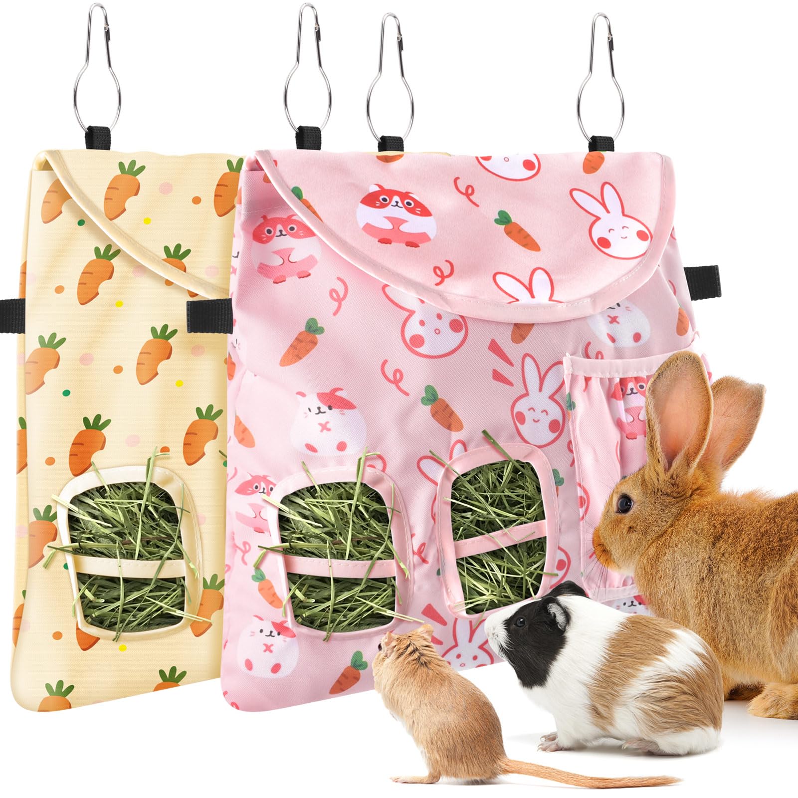 Bissap 2PCS Rabbit Hay Feeder Bag, 2 Holes Hanging Hay Feeder Guinea Pig Hay Bag for Rabbits Bunny Chinchillas Hamsters Rats and Other Small Pets Small Animal - Pink & Beige