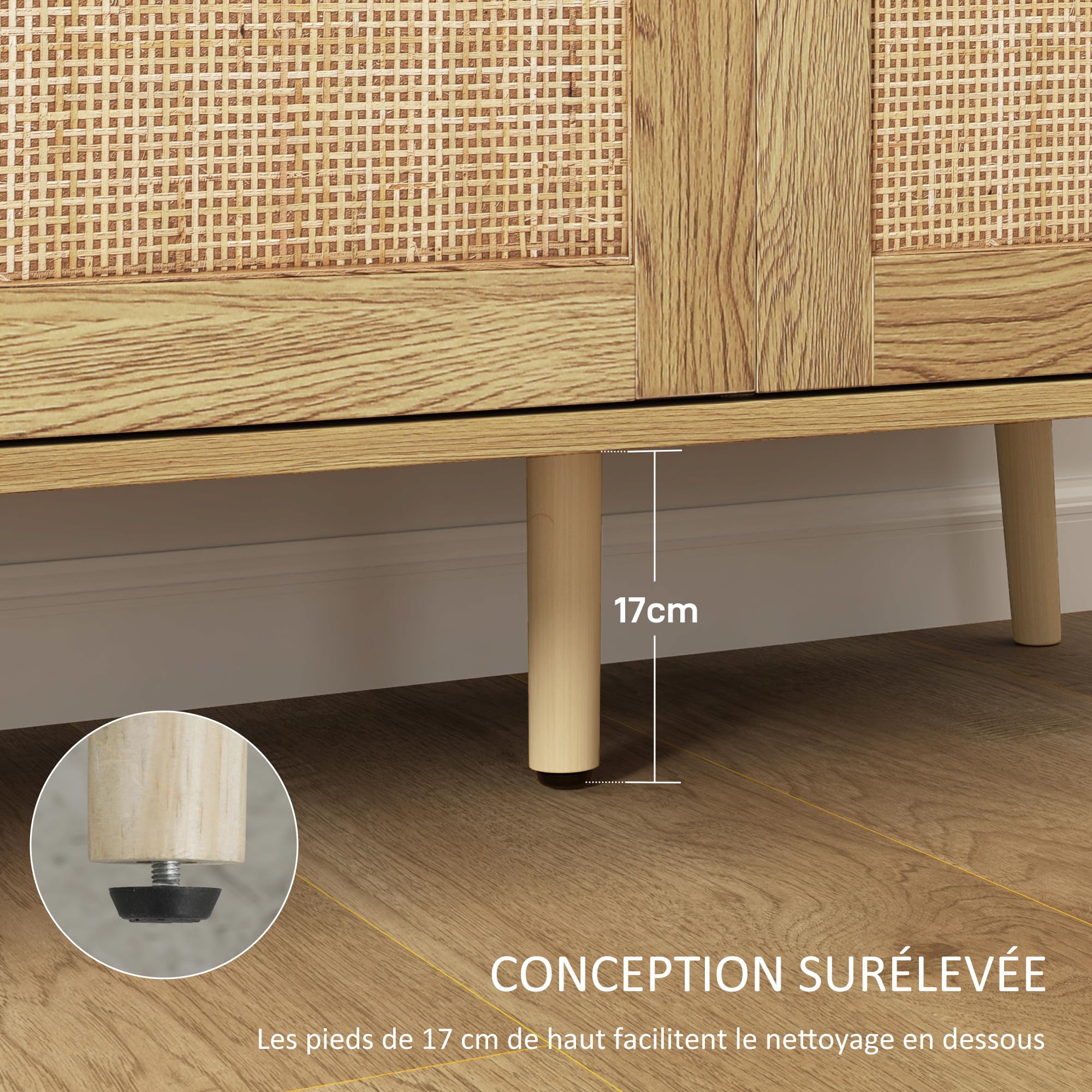 HOMCOM Buffet Salon Meuble de Rangement avec placards à Portes en cannage et étagère réglable, pour Salon, Salle à Manger, dim. 120 x 40 x 75 cm, Bois Naturel