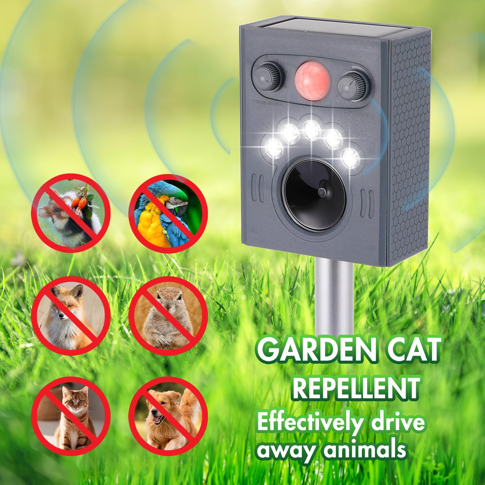 Repelente Ultrasónico para Animales, Repelente para Gatos De Jardín, Repelente Solar Ultrasónico con Sensor Pir y Flash, 5 Modos De Ajuste, Repelente para Gatos para Jardín, Patio
