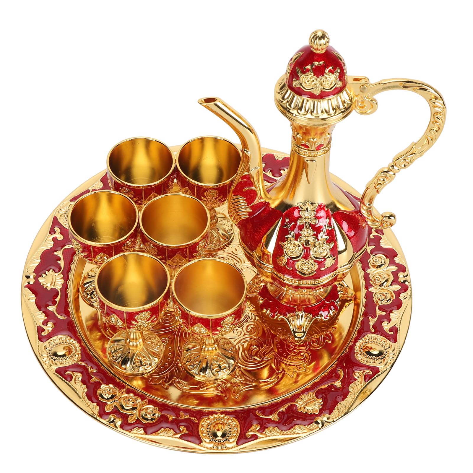 Turkish Coffee Pot Set, Zinc Alloy Vintage Teapot Tea Service Set with Tray and 6 Cups, Wine Decanter and Glasses for Party Gathering Wedding Dinner (Gold Red)