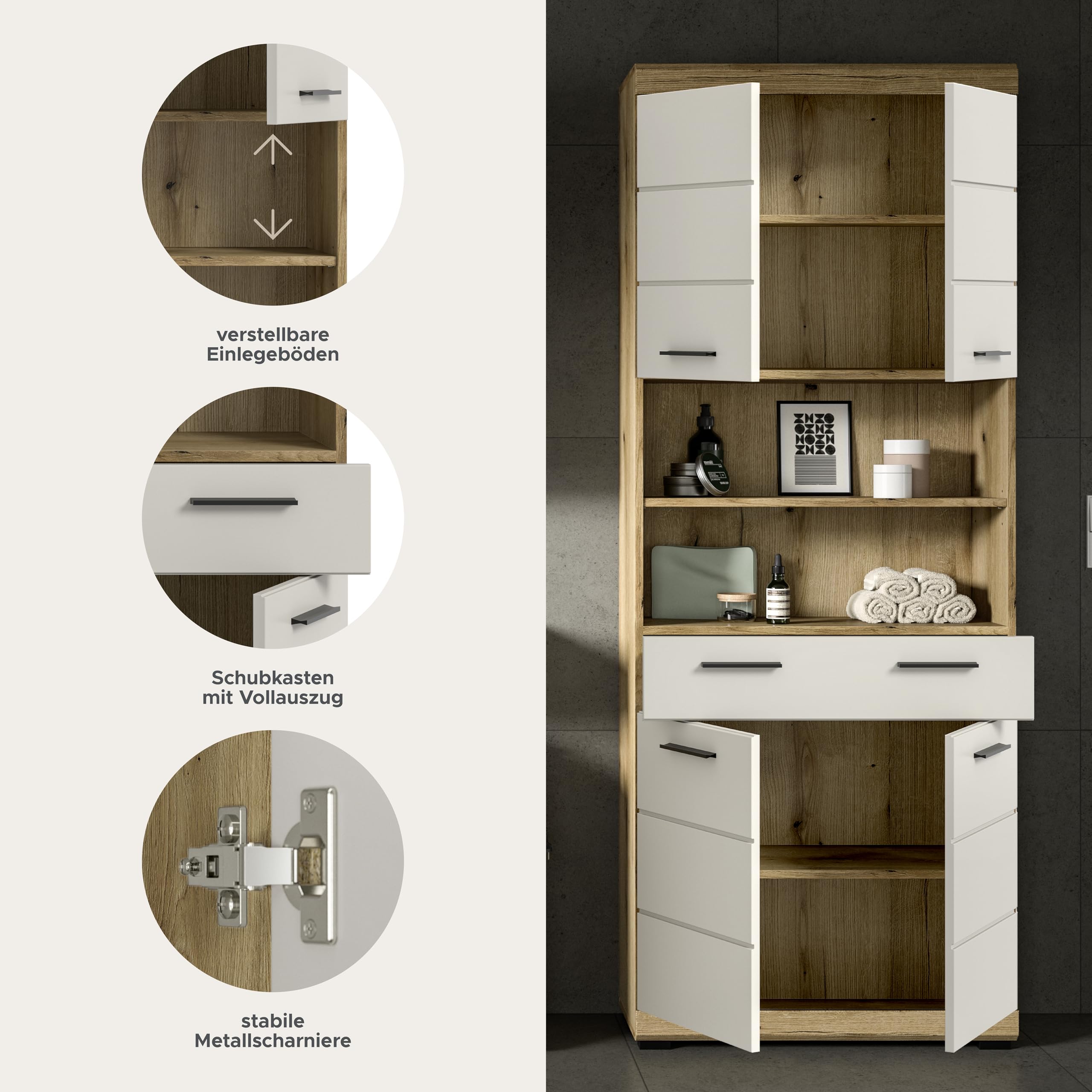 xonox.home – Hochschrank Scout 74x191x31 cm in Evoak Oak und Kaschmir Nachbildung matt – Breiter Hochschrank für Badezimmer – großzügig – Bild 4