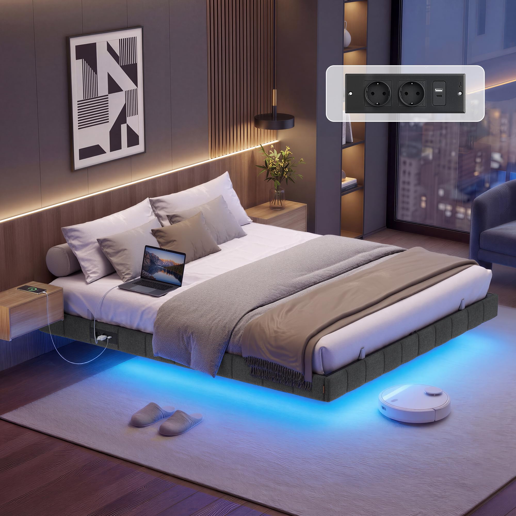 VASAGLE Marco de Cama Flotante, 160 x 200 cm, Bordes Acolchados, LED, 2 Tomas de Corriente, 1 Puerto USB-A, 1 Puerto USB-C, 1 Puerto USB-A Posterior, Carga de 500 kg, Gris Pizarra RMB165G101 | Cama sin cabecero, puertos USB y enchufes, diseño de metal sól