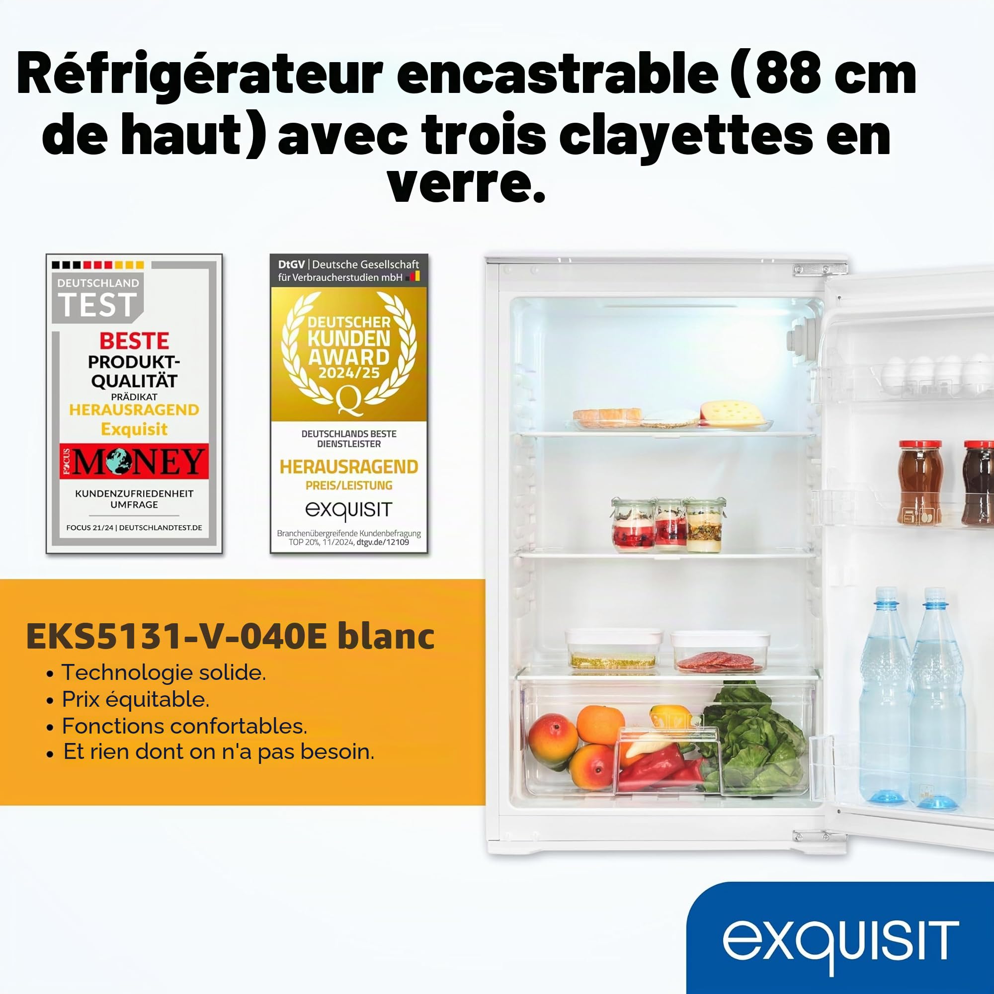 Exquisit EKS5131-V-040E Réfrigérateur encastrable pour chambre complète | Capacité utile 129 l, classe énergétique E, 39 dB(A) | Technologie de porte remorquée, éclairage LED, étagères en verre, bac à