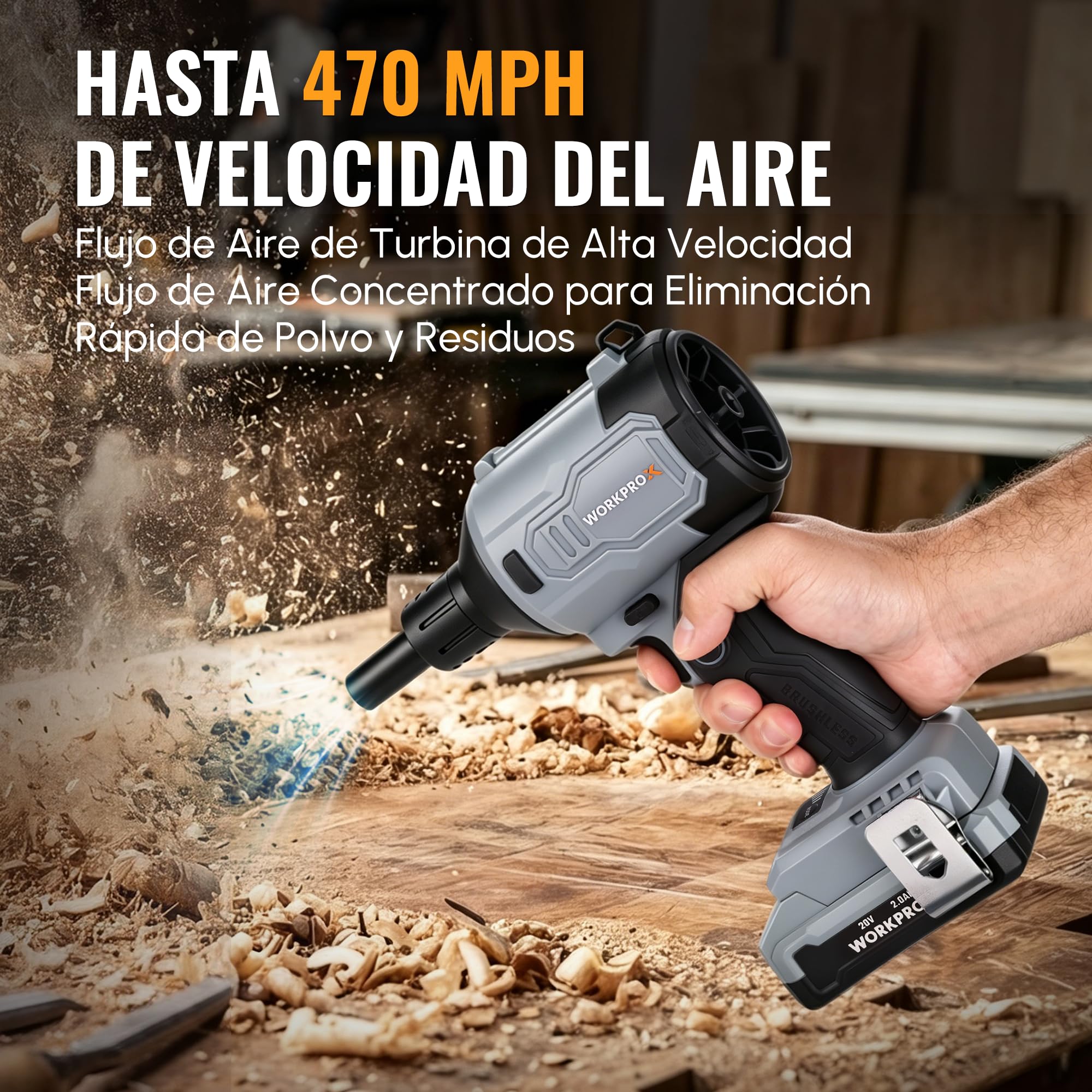 WORKPROX 20V Soplador de Aire Potente con Motor Sin Escobillas | Soplador Eléctrico con Batería Recargable de 2 Ah, 470 MPH, 4 Niveles de Velocidad, Función de Soplado/Aspiración, Luz LED