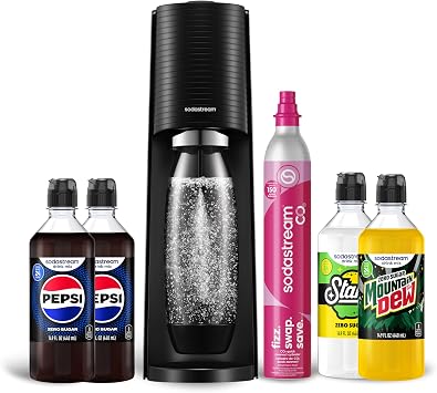 SodaStream Terra Sparkling Water Maker Set Black - CO2, Soda Bottle, Pepsi Zero Sugar, Starry Zero Sugar, MTN Dew Zero Sugar 4 Flavor Variety Pack