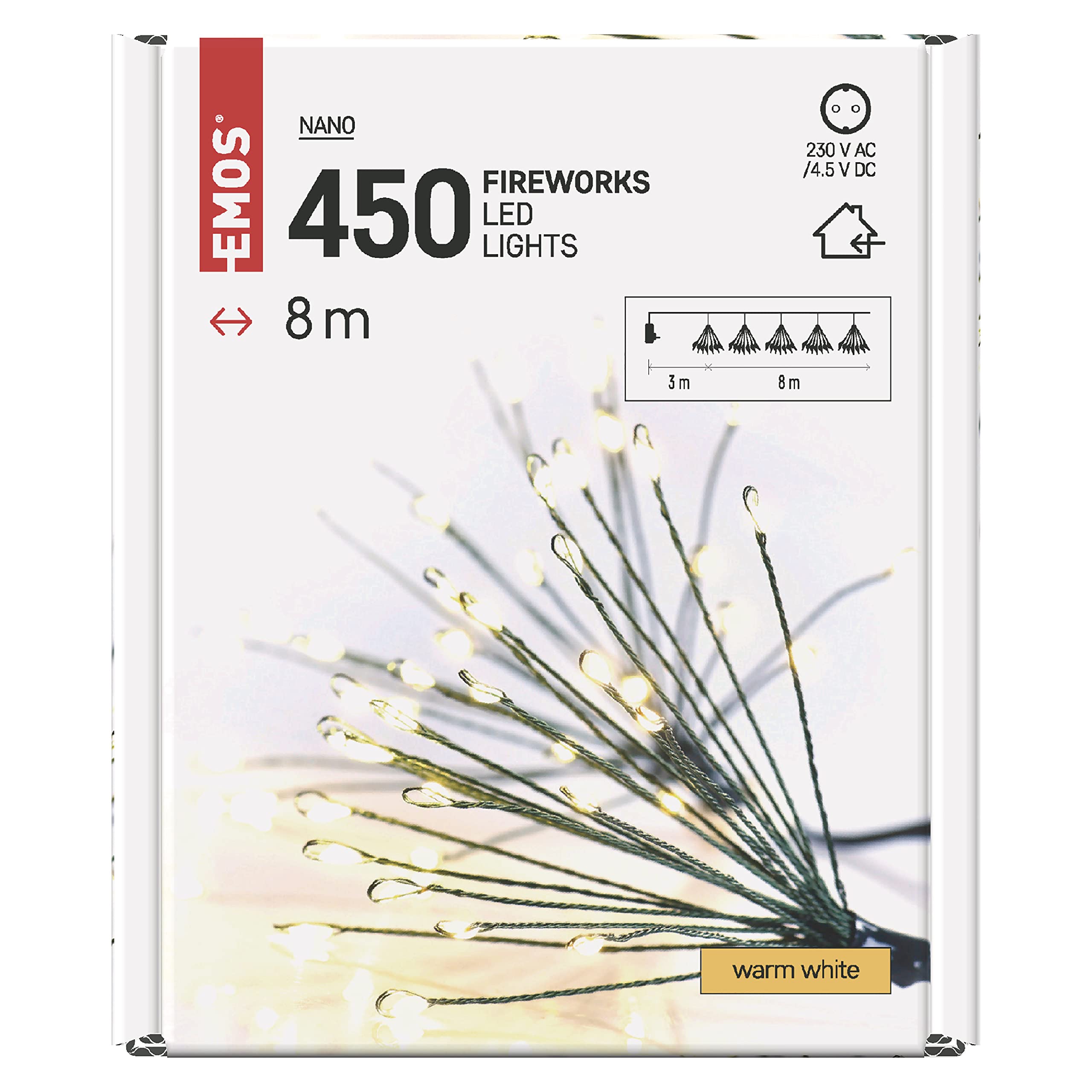 EMOS LED-Lichterkette warmweiß für Innen, 8 m lange Feuerwerk Weihnachtslichterkette NANO, 6 Stunden Timer Funktion, Netzteil und Transformator, für Partys, Weihnachten, Deko, grünes Kabel