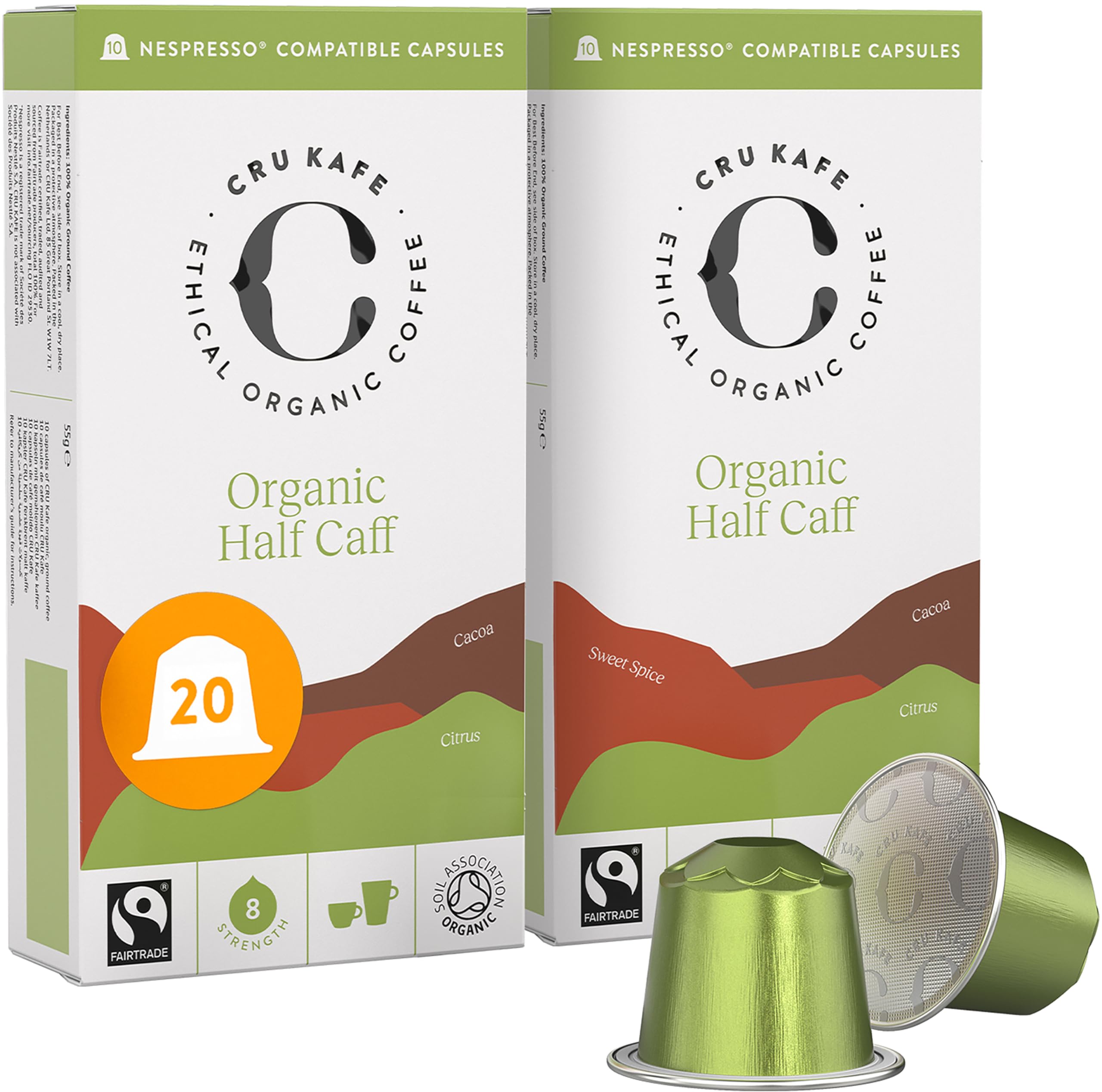 Cru Kafe Organic Half Caff Espresso Single-Serve Organic Arabica Coffee Pods (20 Pods) Compatible with Nespresso Original Line