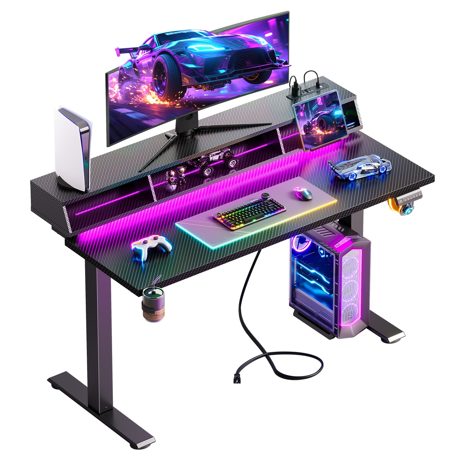 OffiGo Gaming Standing Desk with LED Light, 48 Inch Electric Height Adjustable Table with Power Outlet & Floating Monitor Stand, Sit Stand Computer