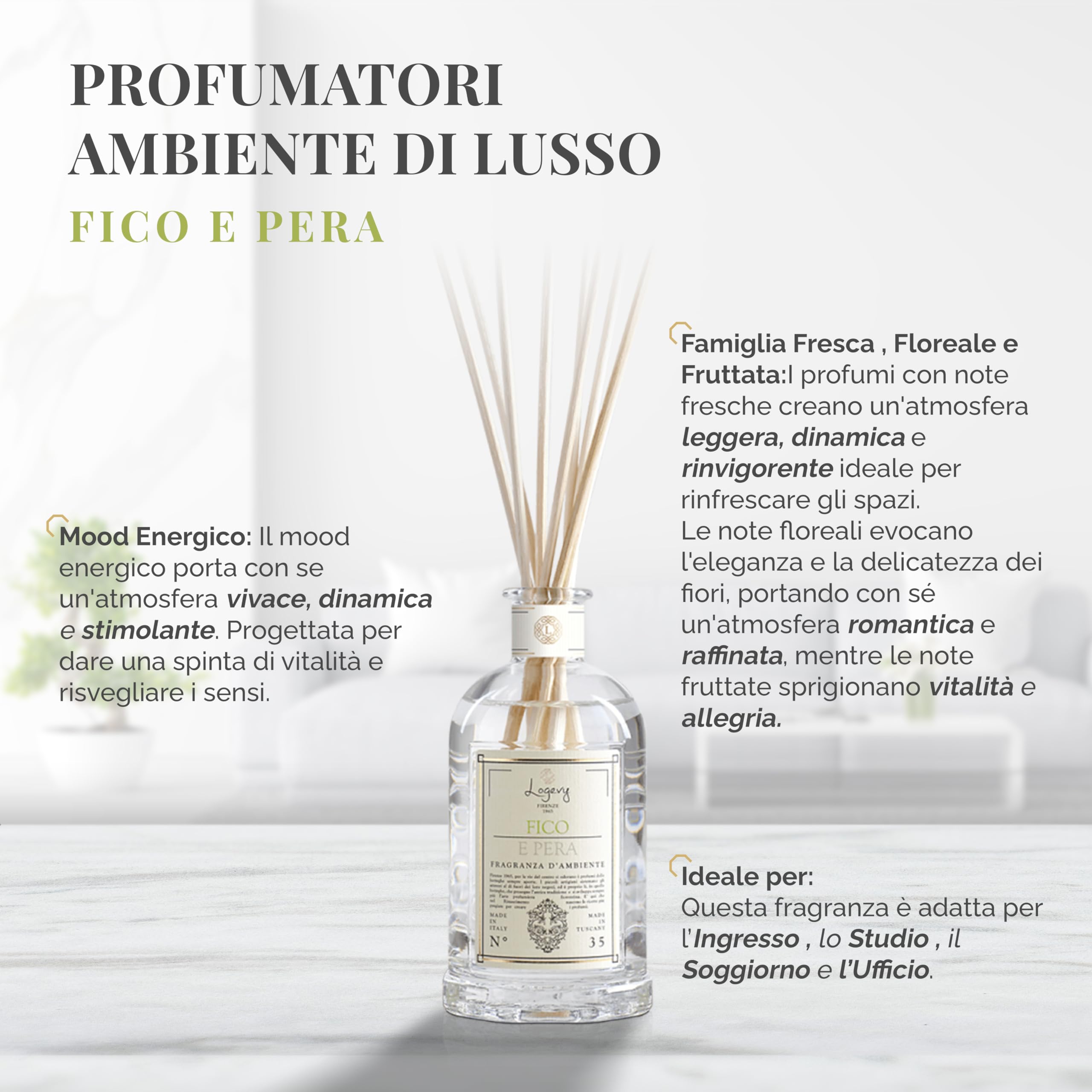LOGEVY - Profumatore per Ambienti per Il Benessere della Persona e della Casa - Fico e Pera (500 ml New 2022)