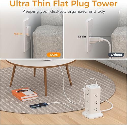 Miniatura 3 de TESSAN - Torre de regleta con protección contra sobretensiones, cable de extensión de enchufe plano de 6 pies con múltiples tomas, 3 puertos USB (1