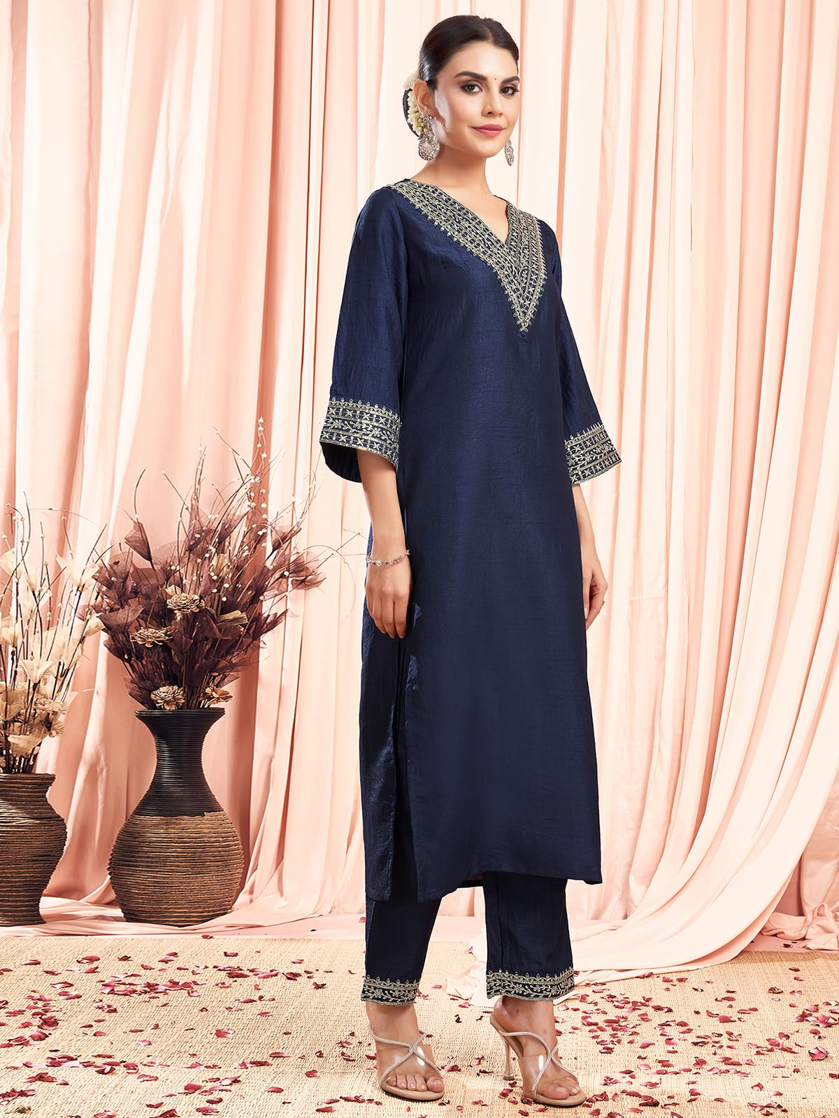 Sanisa Women's Silk Sequence And Embroidery Work Lace Straight Kurta With Pant And Dupatta Set (104Kbd1137Nb-S_Navy Blue)