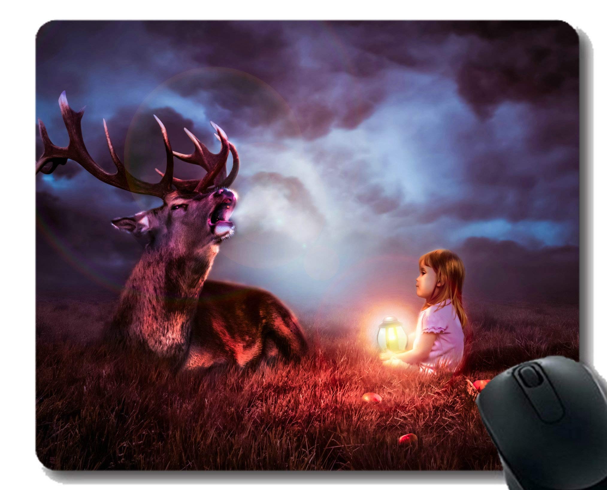 Mouse Pad with Night Sky Deer Nature -Stitched Edges