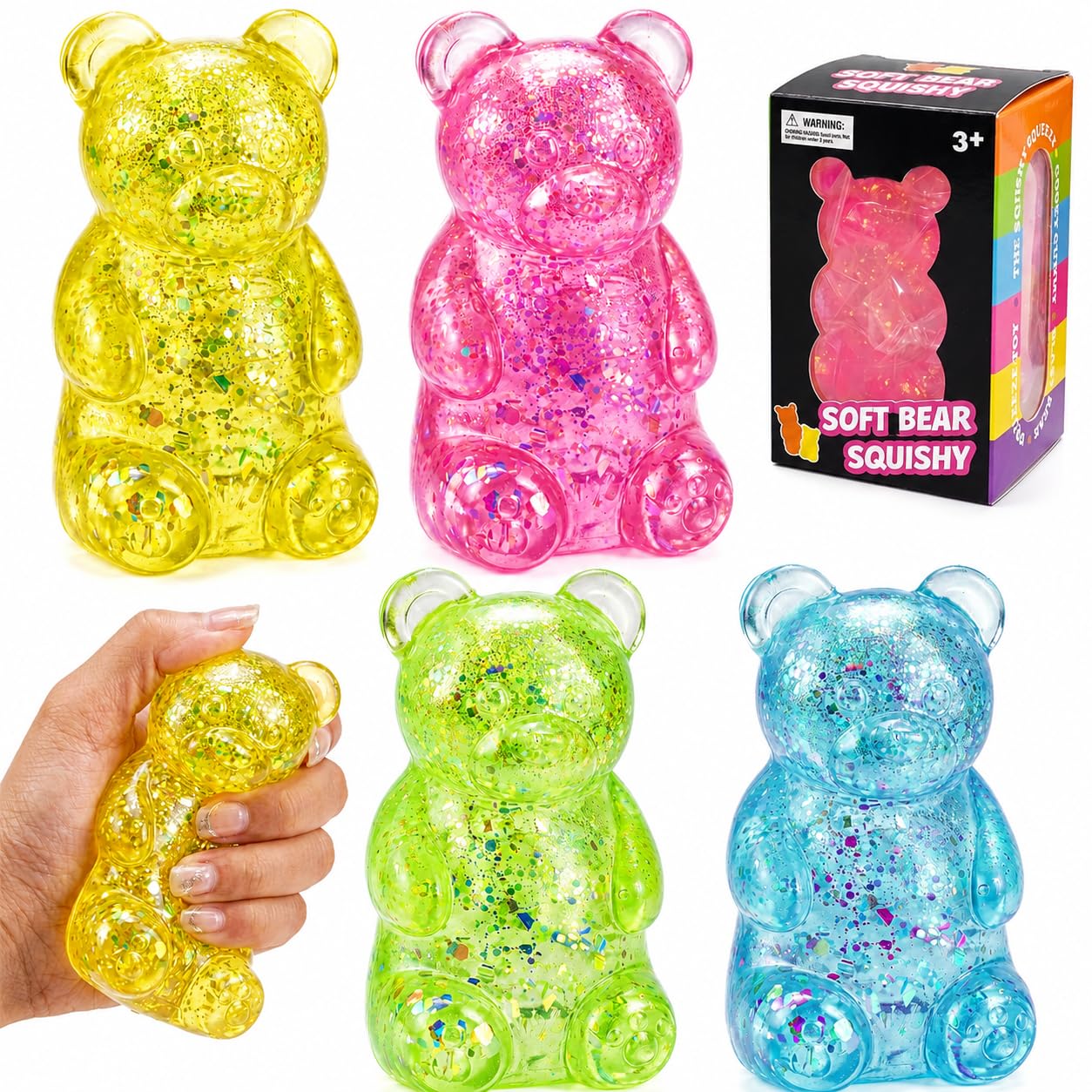 4Pcs Slow Rise Glitter Malt Sugar Bear Squishy Toys, Cute TPR Stress Balls for Anxiety Relief & Focus, Squeeze Sensory Fidget for Adults Kids Students, Non-Toxic Party Favors Classroom Birthday Gifts