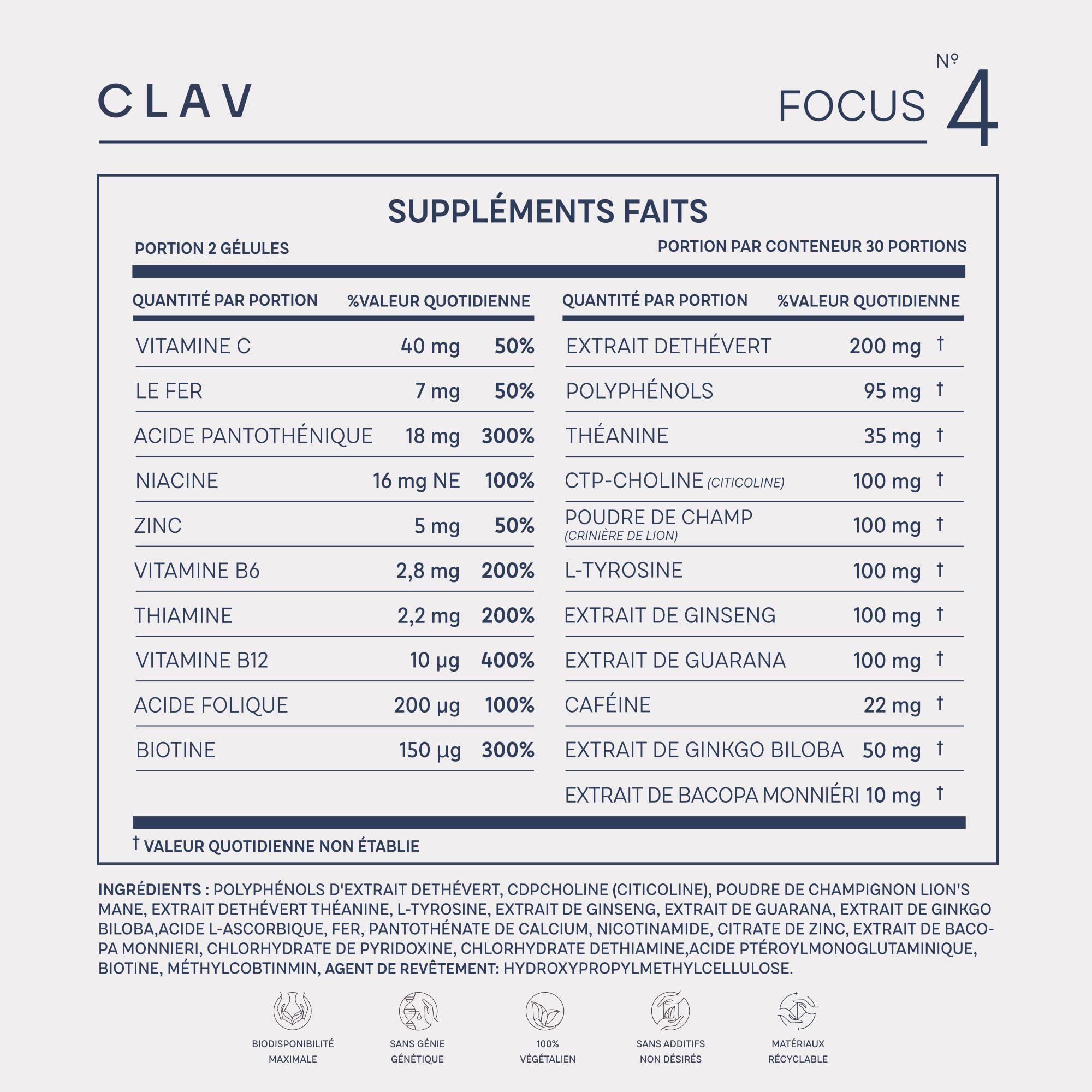 N°4 FOCUS - Supplément Nootropique - Brain Booster améliore la Memoire et Concentration - avec Citicoline + Ginko Biloba + Bacopa Brahmi - 60 Gélules Végan - CLAV Nootropics
