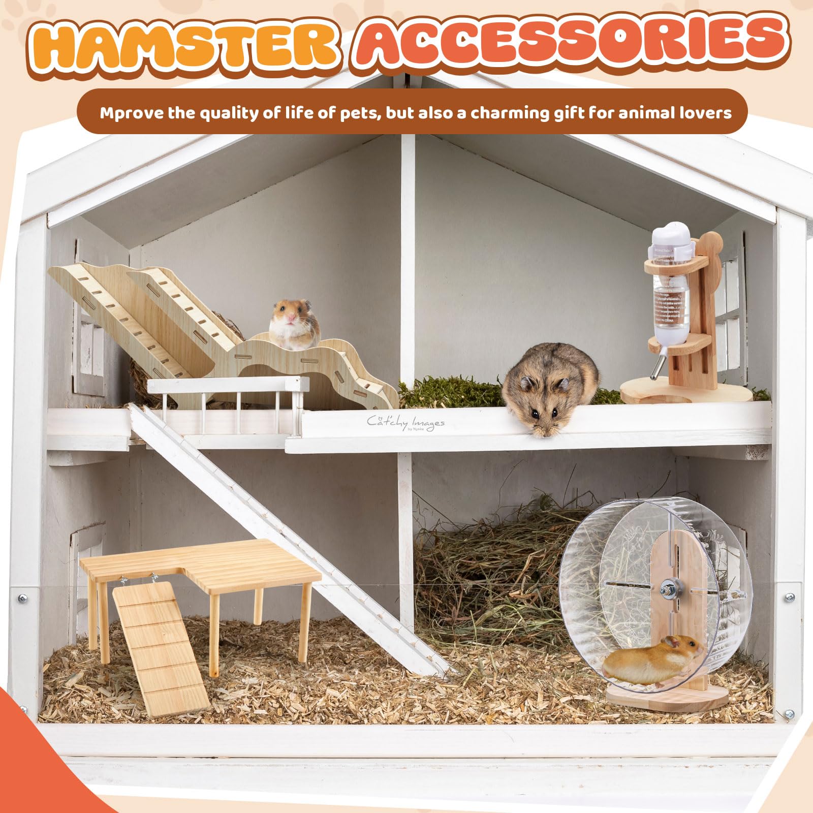 Hamster-Spielzeug-Set, Labyrinth-Holzhaus, Kletterleiter, Holzbrücke, Tunnel, Spielzeugplattform, leise, Laufräder und Wasserflasche, Set für Ratten, Meerschweinchen, Lebensraum (Standard