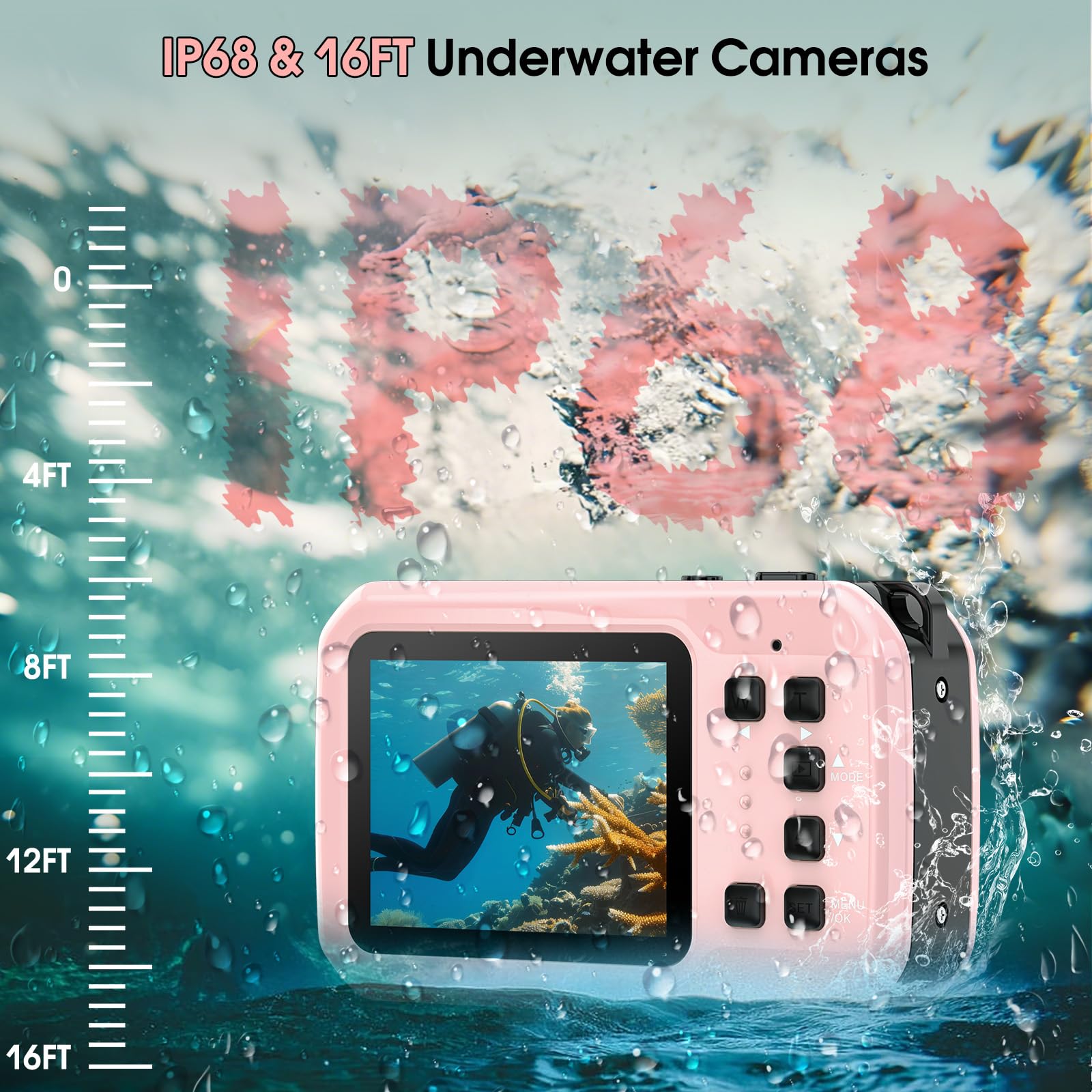 Caméra sous-marine 4K 16FT étanche avec carte de 32 Go 64 MP autofocus double écran selfie pour la plongée en apnée