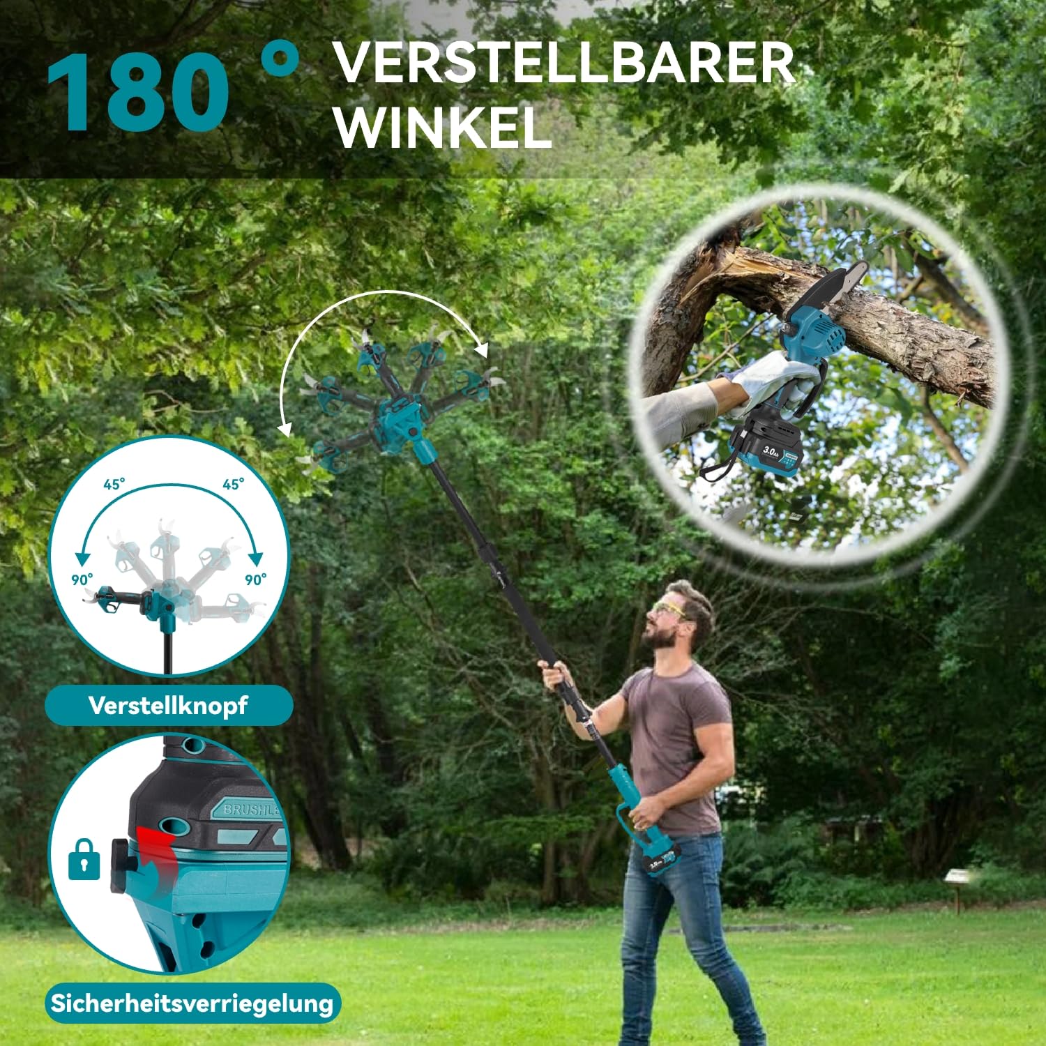 Yofidra 4-IN-1 Akku Hochentaster Kettensäge & Astschere mit Teleskop - Bürstenlos 25mm Baumschere, 6 Zoll Mini Kettensäge, mit 200cm Teleskopstange, 180° Einstellbarer Winkel, 2 x 3.0Ah Akkus, blau
