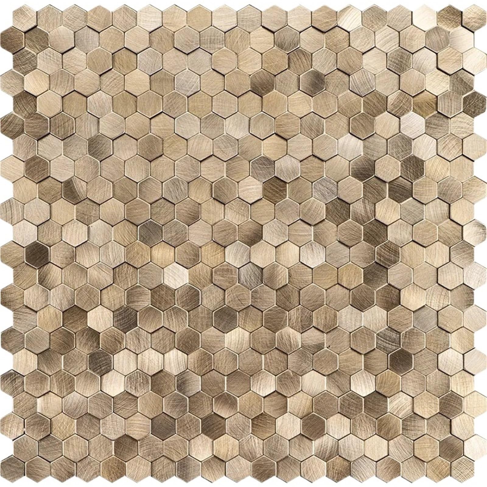 Metal splashback 1Pcs 3D Mosaic Metal Aluminum Backsplash Tiles - Peel and Stick Hexagon Panel Gold Waterproof Decor(Gold)