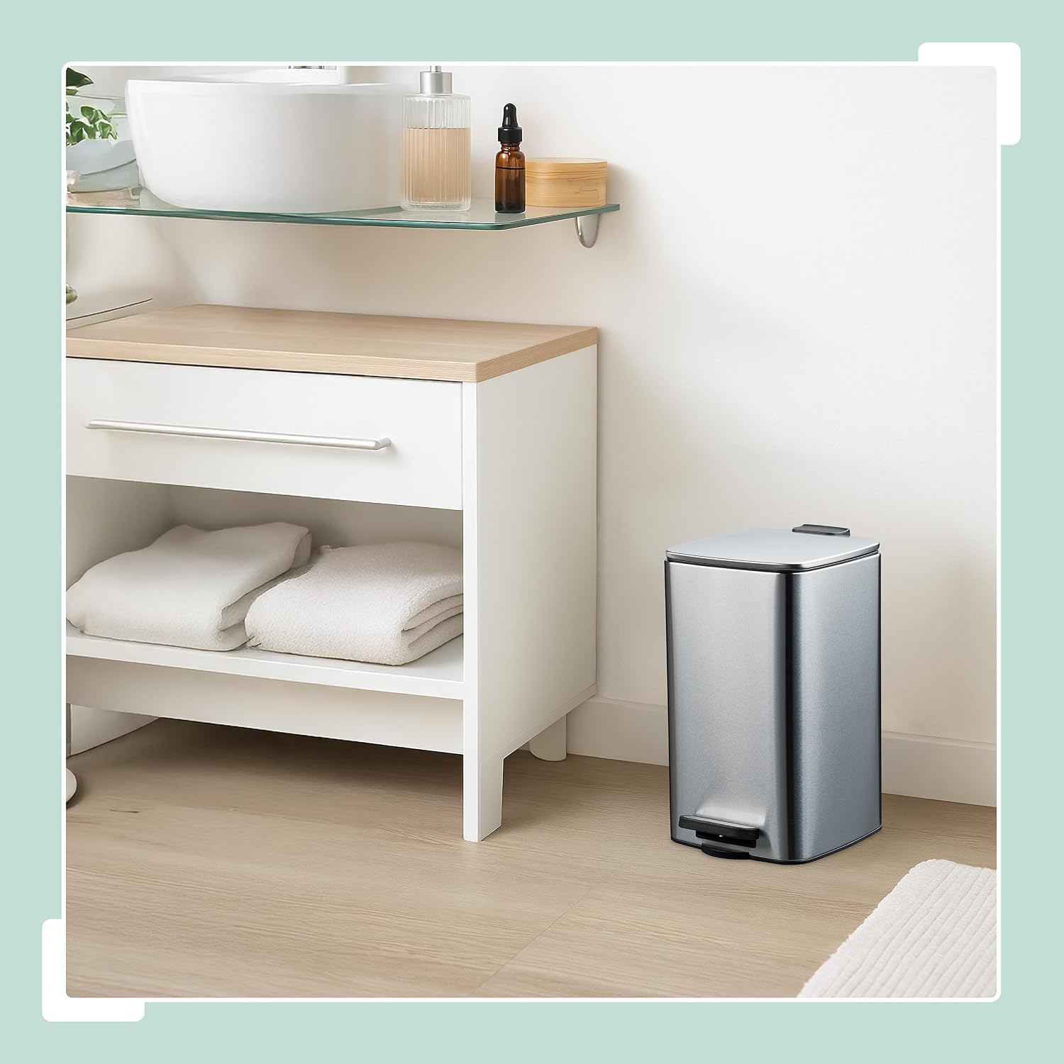 Relaxdays Cosmetic Bin, 8 L, Soft Close Mechanism, Removable Inner Bin, Metal, Bathroom Bin with Bin Bag, Silver