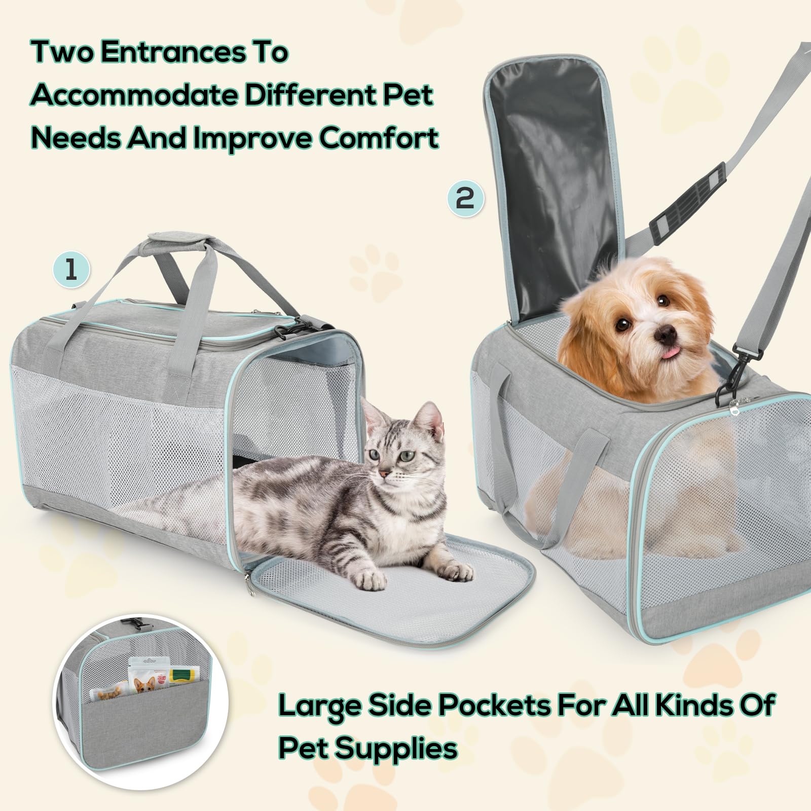 Cozary Trasportino Portatile per Gatto Cani Piccoli Pieghevole Leggero con Cuscino Tracolla Regolabile e Borsa Laterale Trasportino Rigido per Auto (45x30x30cm, Grigio)