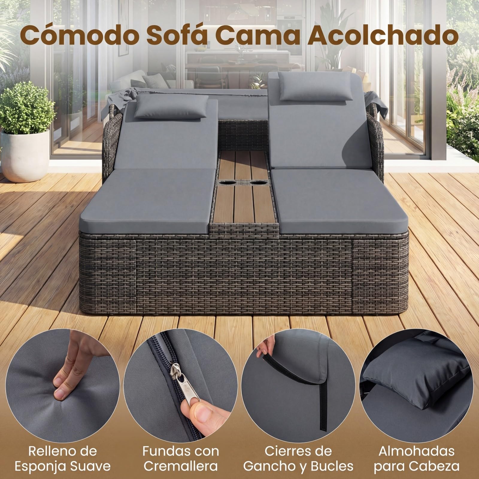 COSTWAY Tumbona Doble Jardin Exterior, Cama Balinesa de Ratán con Toldo Retráctil y Respaldos Ajustables, Tumbonas Piscina para 2 Personas con Mesa Central y Porta Vasos para Jardín Piscina (Gris)