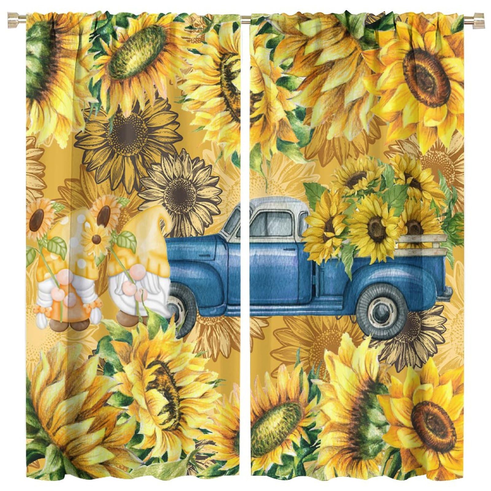 BenYaSong Sunflower Blackout Curtain Farmhouse Gnome Truck Curtain Countryside Rustic Flowers for Home Kitchen Restaurant Decoration Window Curtain 2 Panels 52x84in