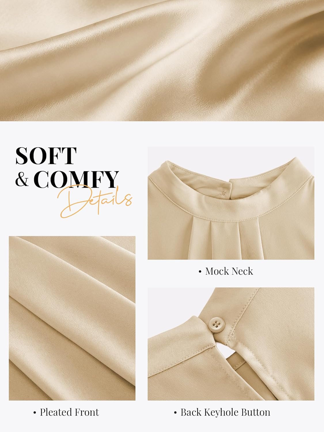 Funlingo Tank Top for Women Summer Dressy Sleeveless Satin Silk Blouse Business Casual Mock Neck Work Shirts Office Clothes Beige S - Image 5