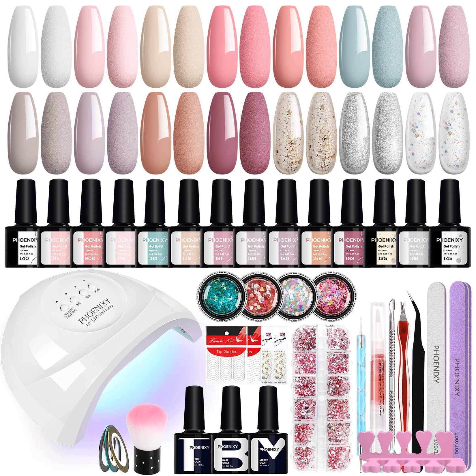 Uñas Semipermanentes Kit Completo Phoenixy 14 Colores Kit Uñas Semipermanentes con 48W U V/LED Lámpara Kit Manicura Semipermanente con Decoración Regalos para Mujeres